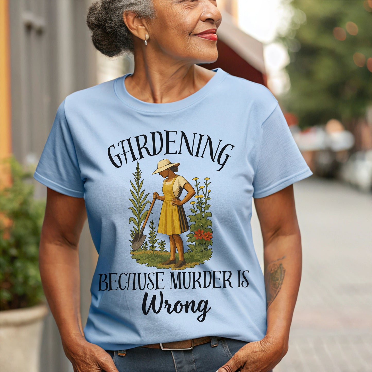 Funny Gardening T-Shirt – "Gardening Because Murder Is Wrong" Tee for Women, Dark Humor Garden Shirt, Gift for Plant Lovers