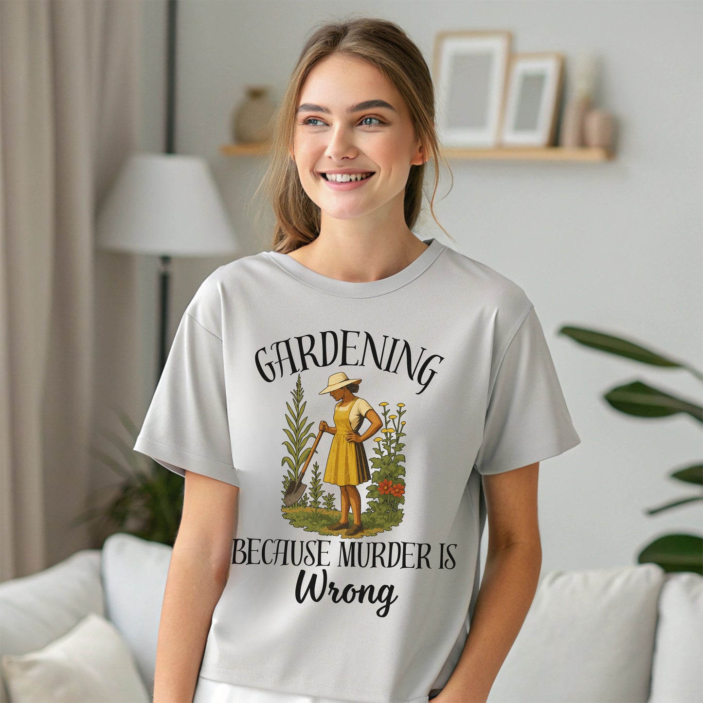 Funny Gardening T-Shirt – "Gardening Because Murder Is Wrong" Tee for Women, Dark Humor Garden Shirt, Gift for Plant Lovers