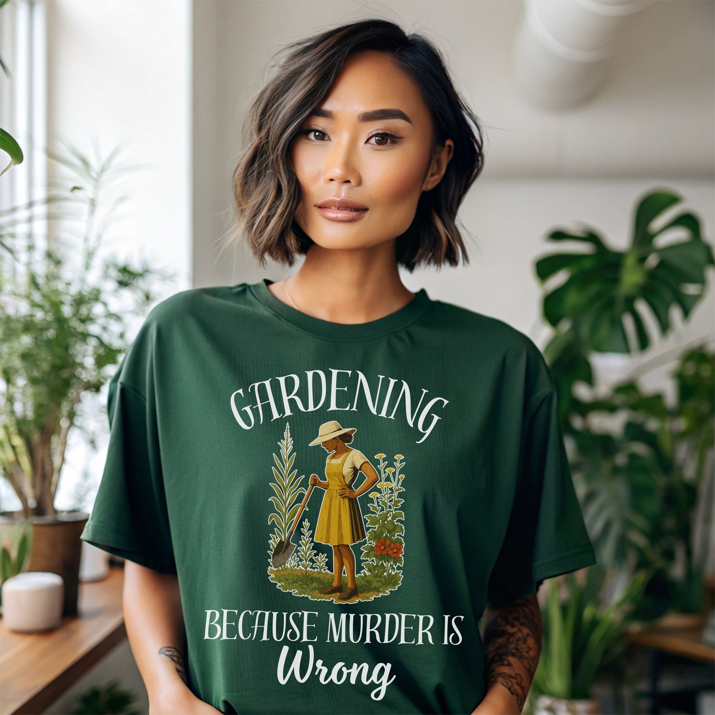 Funny Gardening T-Shirt – "Gardening Because Murder Is Wrong" Tee for Women, Dark Humor Garden Shirt, Gift for Plant Lovers