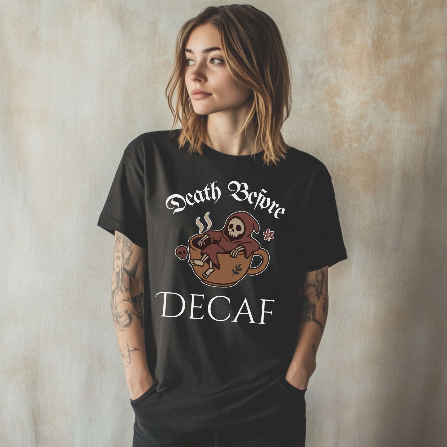 Death Before Decaf T-Shirt – Funny Grim Reaper Coffee Tee for Caffeine Lovers
