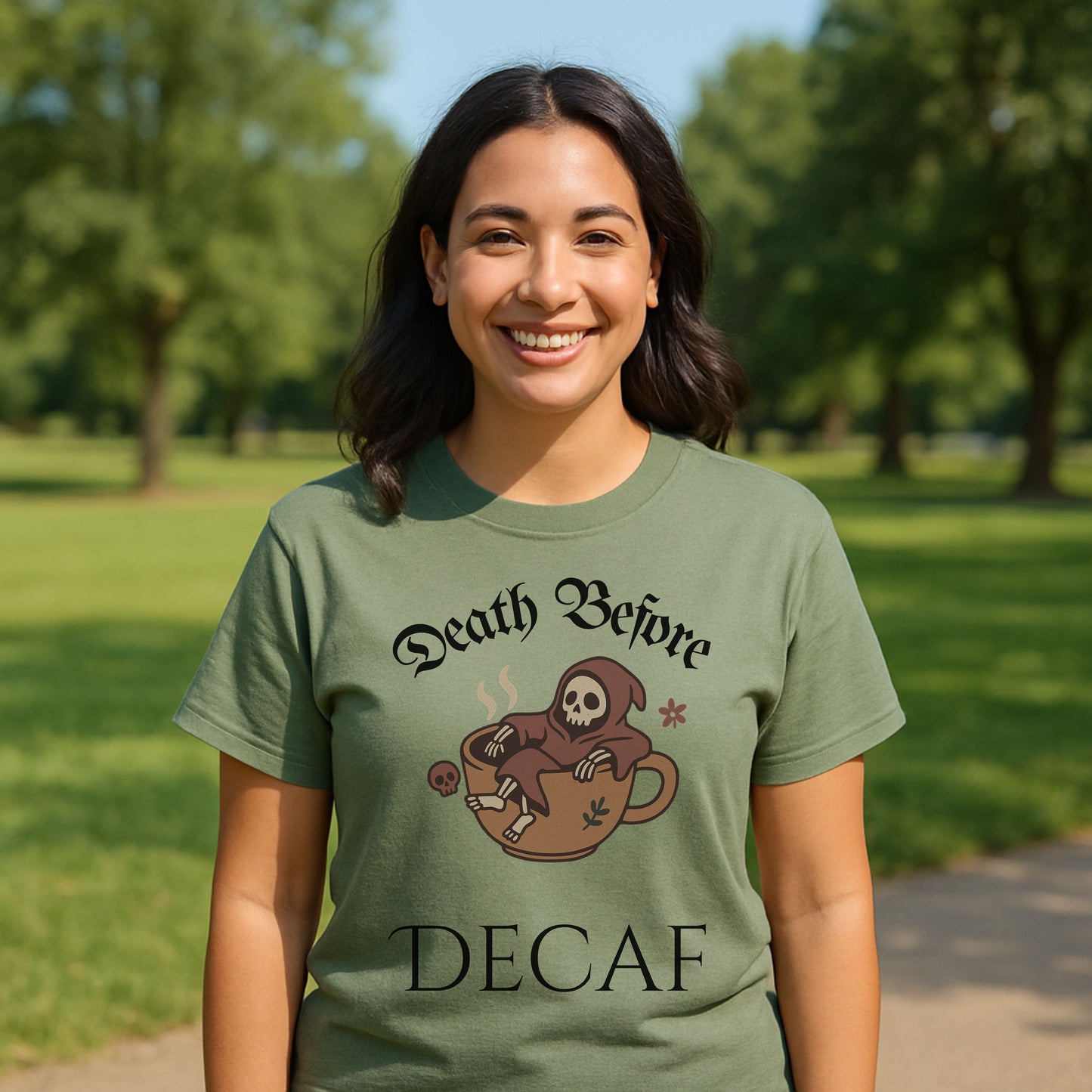 Death Before Decaf T-Shirt – Funny Grim Reaper Coffee Tee for Caffeine Lovers