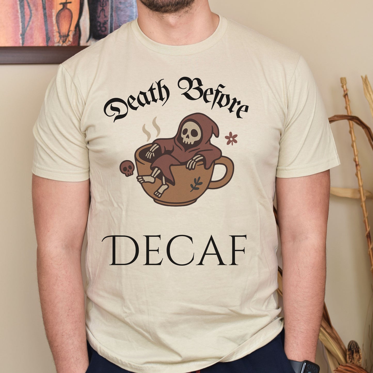 Death Before Decaf T-Shirt – Funny Grim Reaper Coffee Tee for Caffeine Lovers