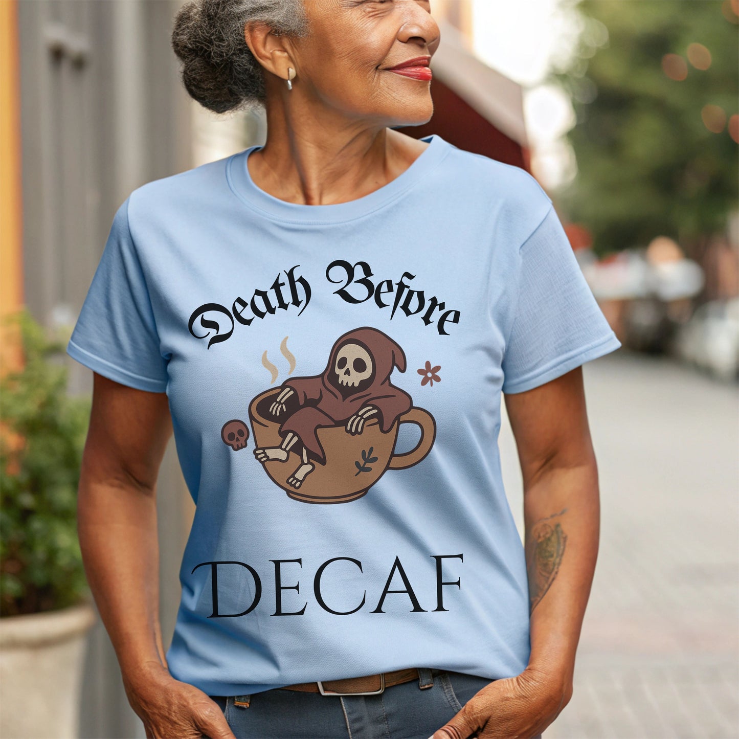 Death Before Decaf T-Shirt – Funny Grim Reaper Coffee Tee for Caffeine Lovers