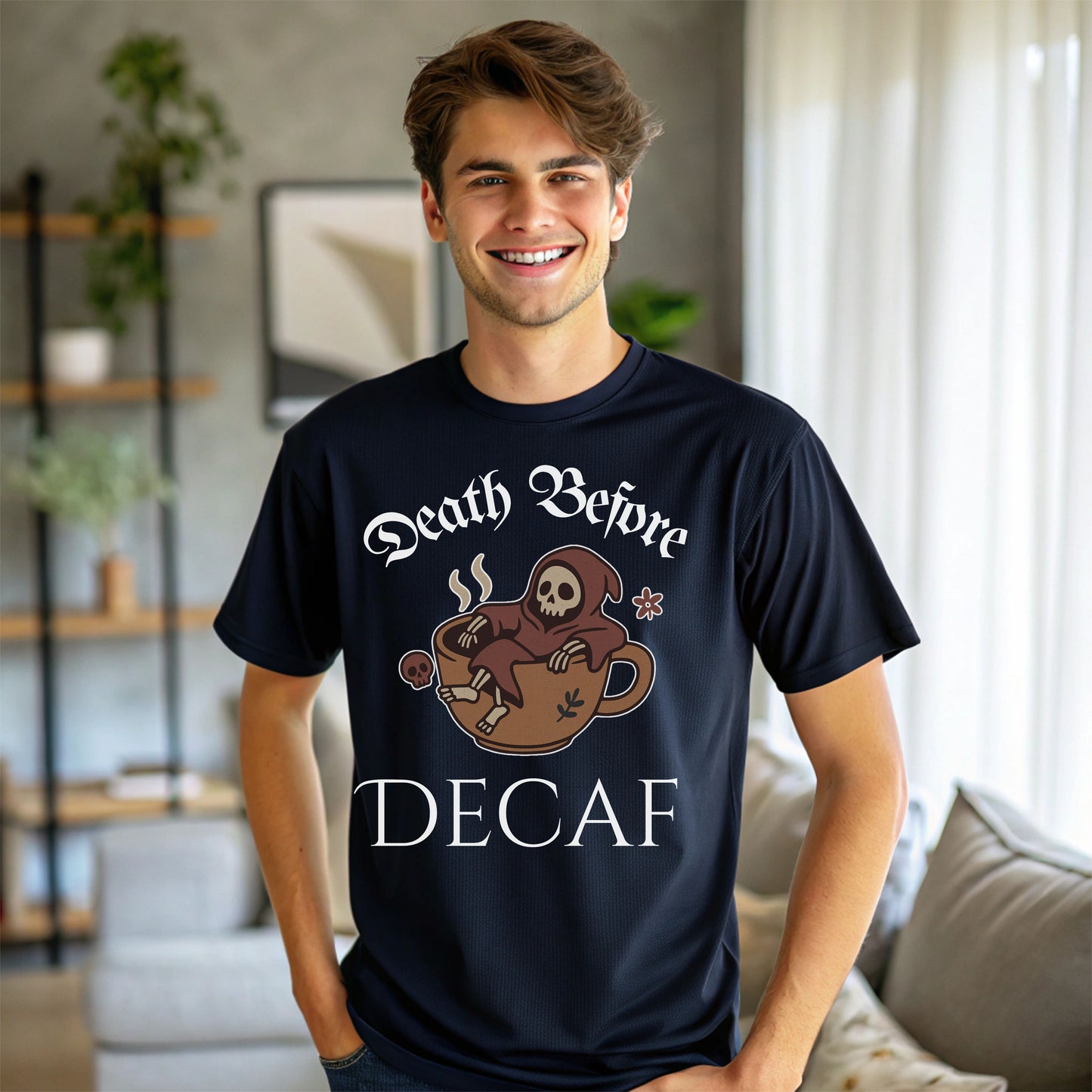 Death Before Decaf T-Shirt – Funny Grim Reaper Coffee Tee for Caffeine Lovers