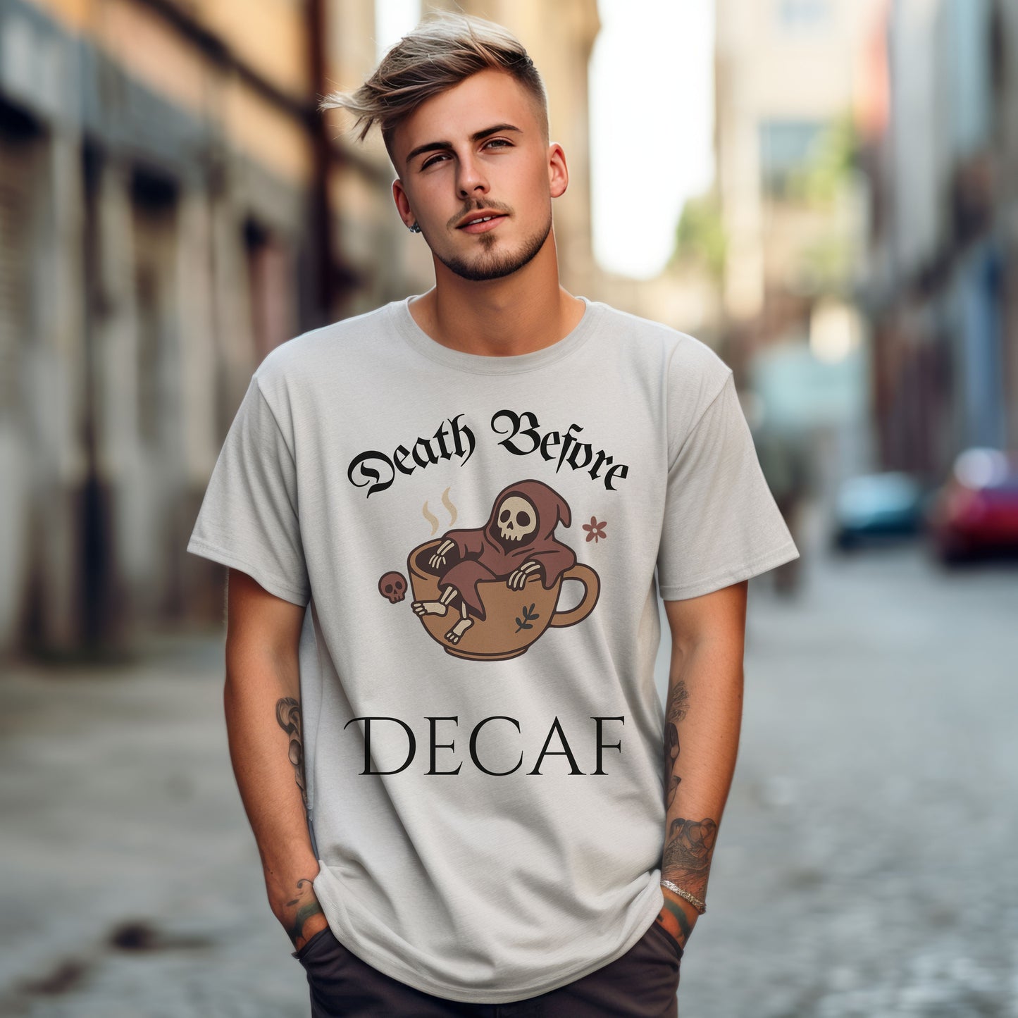 Death Before Decaf T-Shirt – Funny Grim Reaper Coffee Tee for Caffeine Lovers