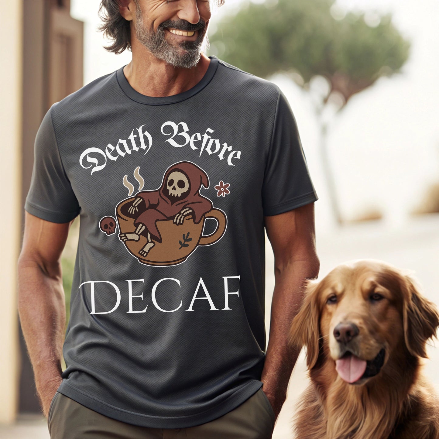 Death Before Decaf T-Shirt – Funny Grim Reaper Coffee Tee for Caffeine Lovers