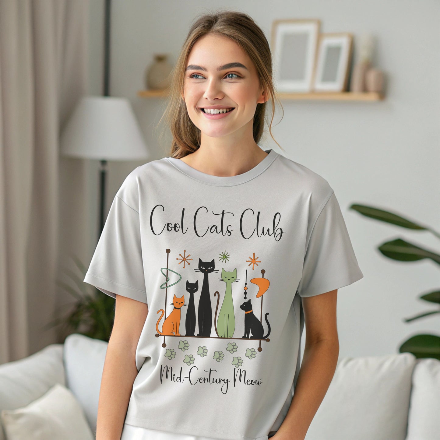 Cool Cats Club T-Shirt – Mid-Century Modern Cat Lover Tee, Retro Atomic Style Shirt for Vintage Aesthetic Fans