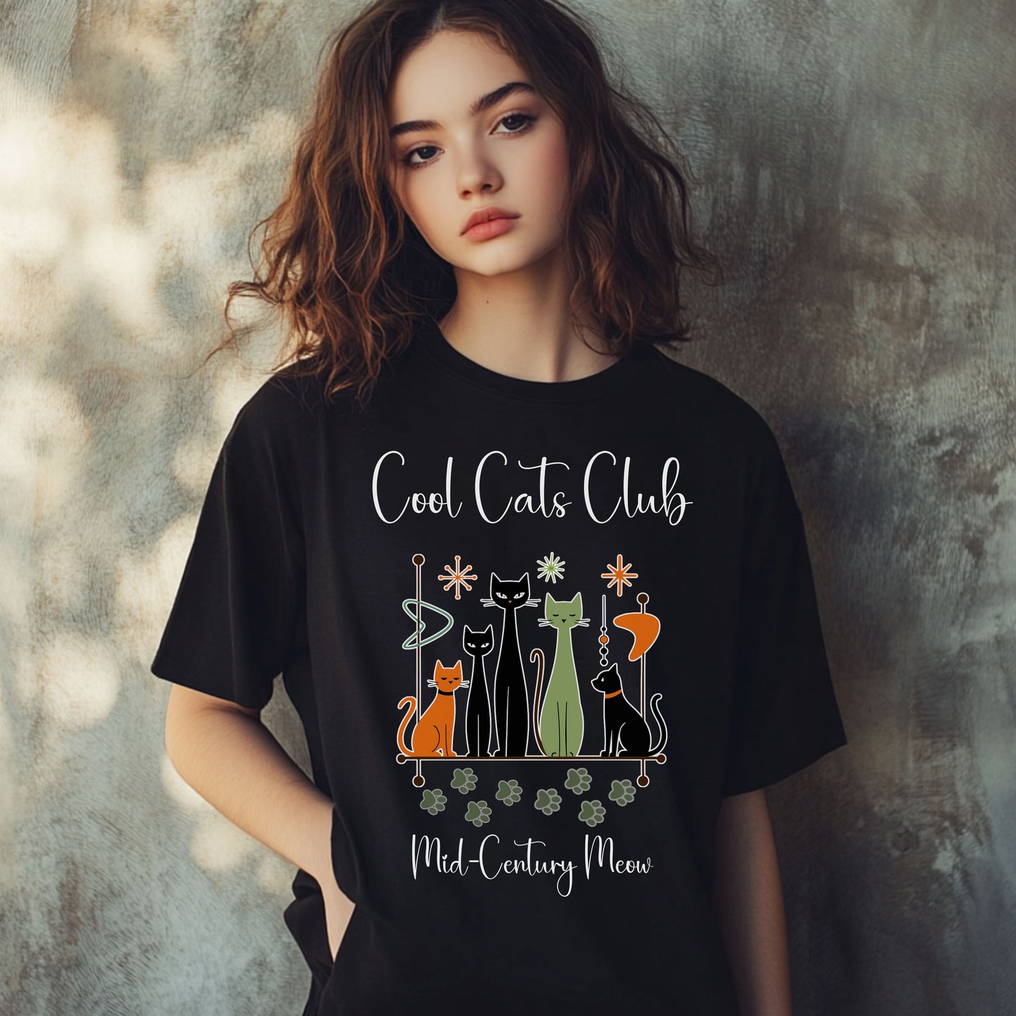 Cool Cats Club T-Shirt – Mid-Century Modern Cat Lover Tee, Retro Atomic Style Shirt for Vintage Aesthetic Fans