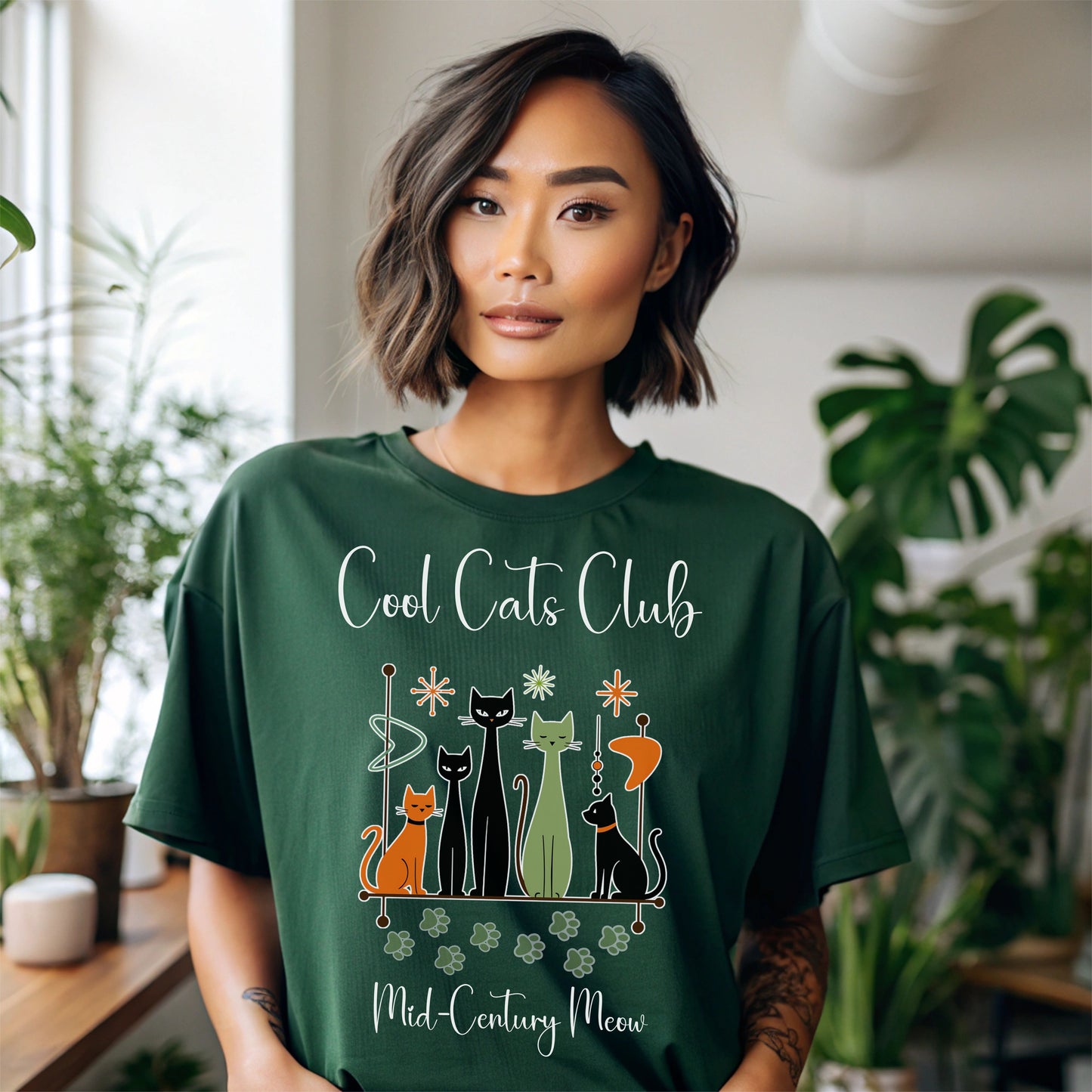 Cool Cats Club T-Shirt – Mid-Century Modern Cat Lover Tee, Retro Atomic Style Shirt for Vintage Aesthetic Fans