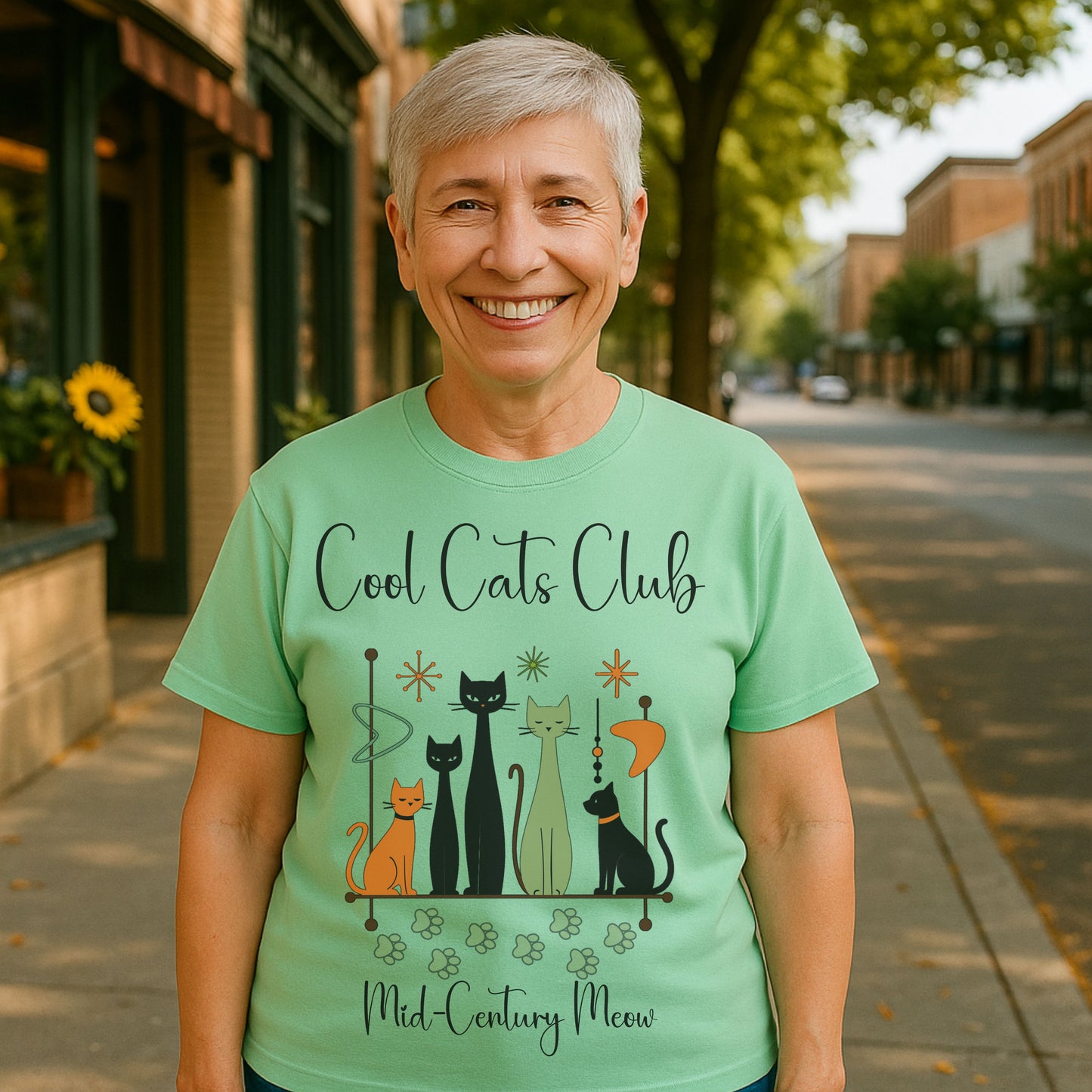 Cool Cats Club T-Shirt – Mid-Century Modern Cat Lover Tee, Retro Atomic Style Shirt for Vintage Aesthetic Fans