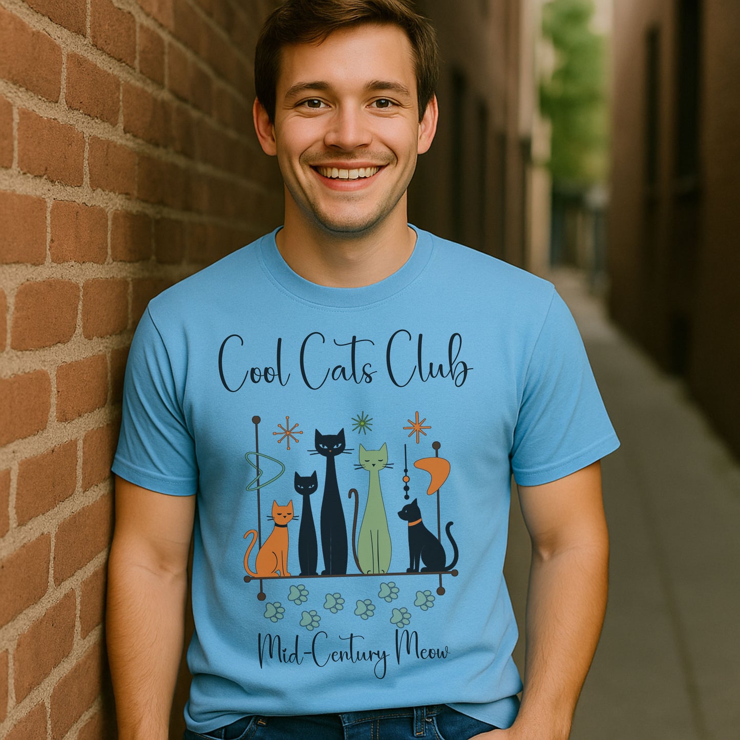 Cool Cats Club T-Shirt – Mid-Century Modern Cat Lover Tee, Retro Atomic Style Shirt for Vintage Aesthetic Fans