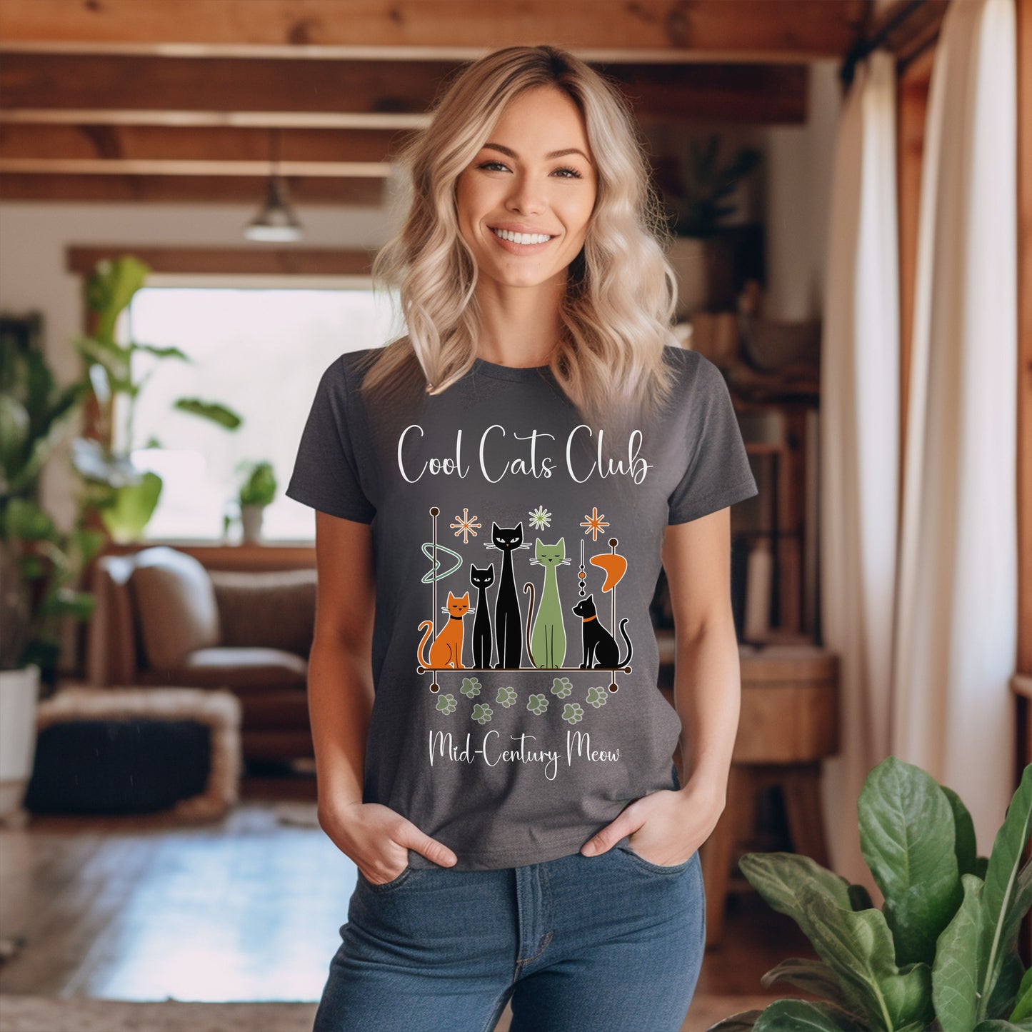 Cool Cats Club T-Shirt – Mid-Century Modern Cat Lover Tee, Retro Atomic Style Shirt for Vintage Aesthetic Fans