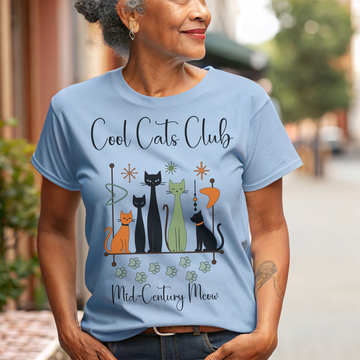 Cool Cats Club T-Shirt – Mid-Century Modern Cat Lover Tee, Retro Atomic Style Shirt for Vintage Aesthetic Fans