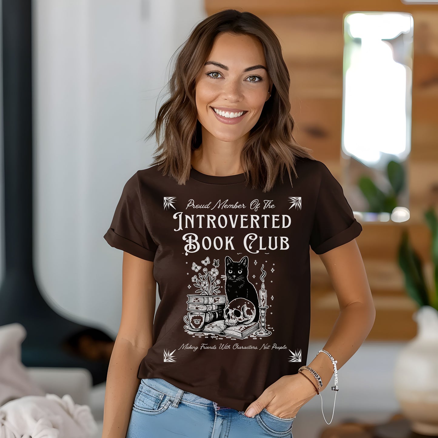Introverted Book Club T-Shirt – Black Cat Reading Shirt, Funny Bookish Gift for Introverts & Cat Lovers