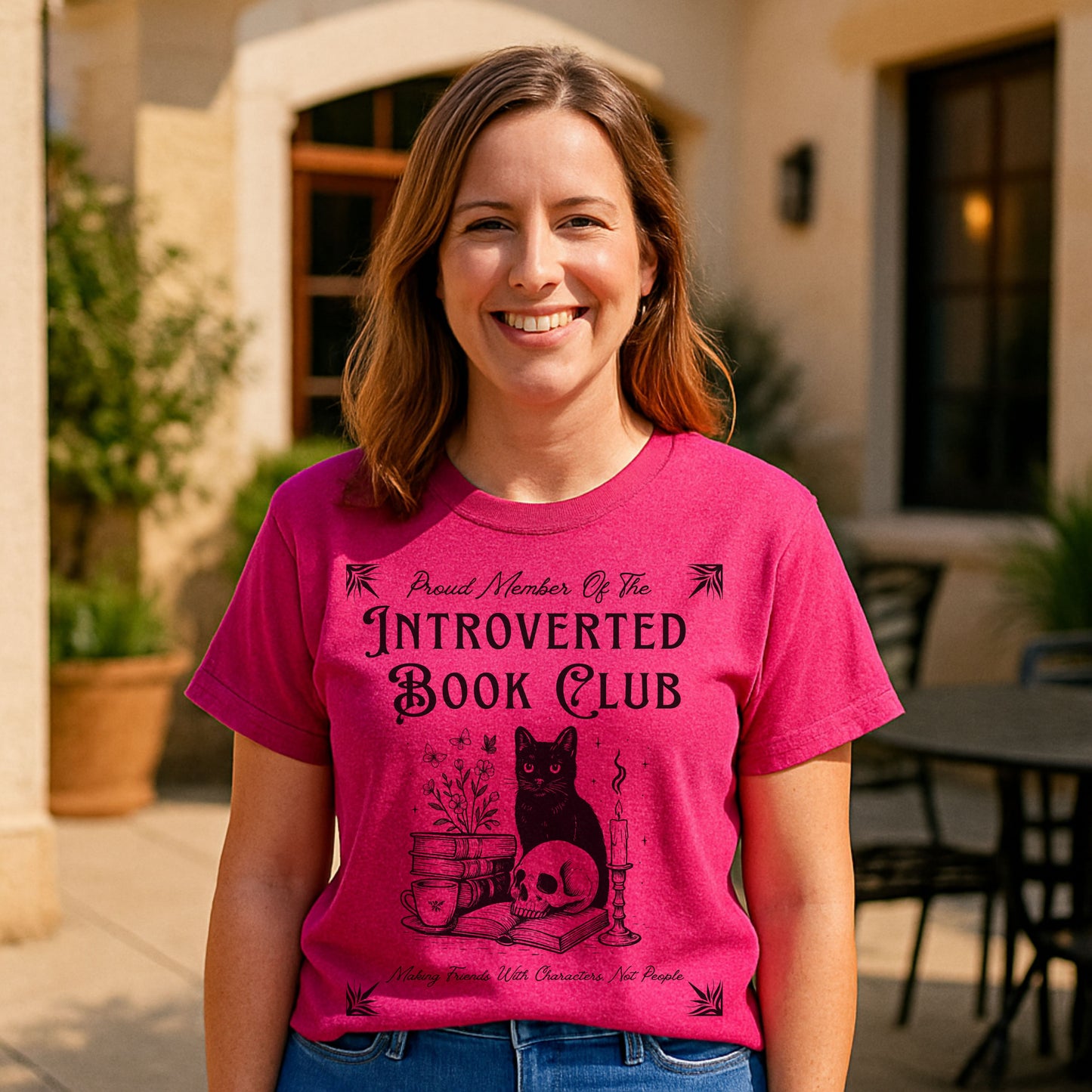 Introverted Book Club T-Shirt – Black Cat Reading Shirt, Funny Bookish Gift for Introverts & Cat Lovers
