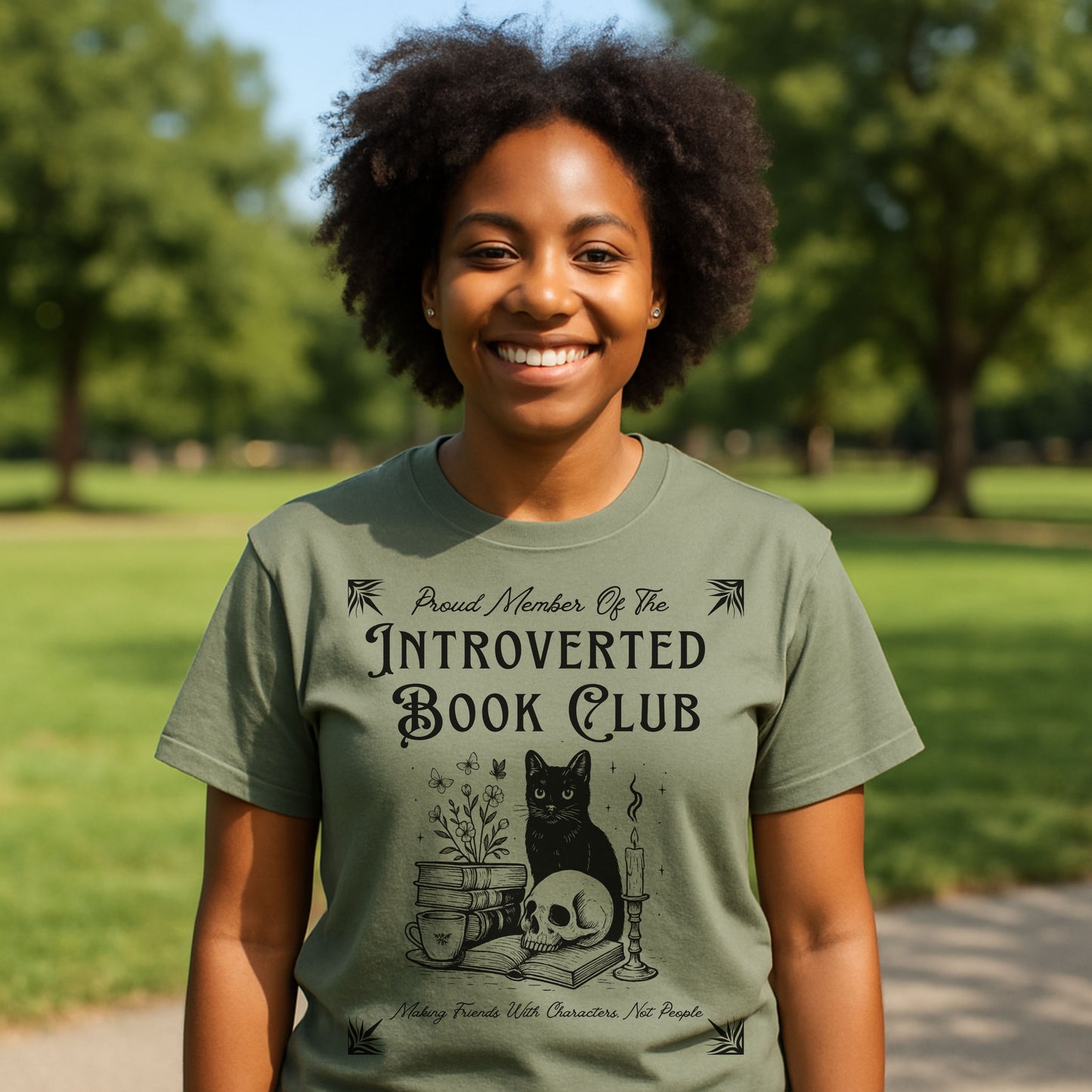 Introverted Book Club T-Shirt – Black Cat Reading Shirt, Funny Bookish Gift for Introverts & Cat Lovers