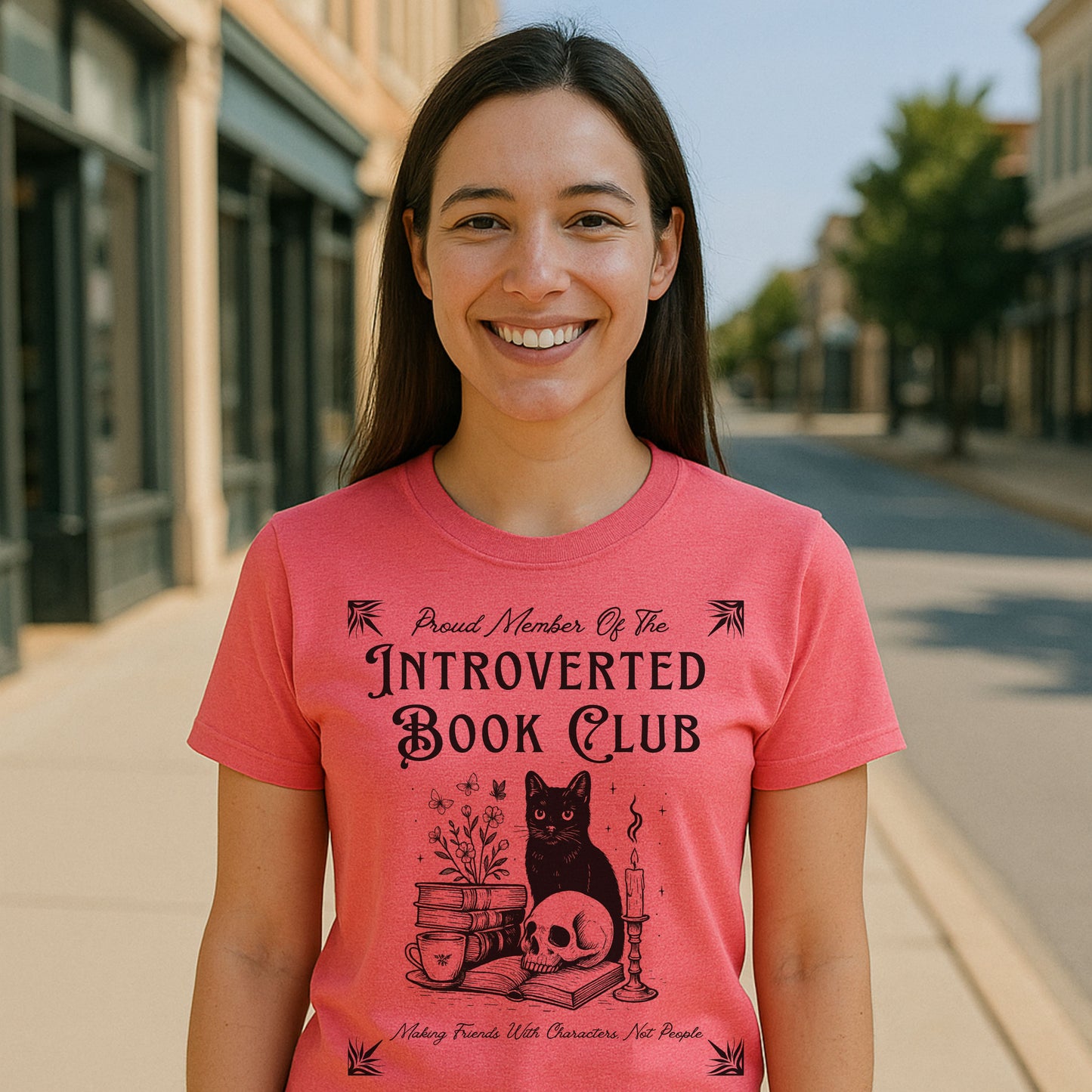 Introverted Book Club T-Shirt – Black Cat Reading Shirt, Funny Bookish Gift for Introverts & Cat Lovers