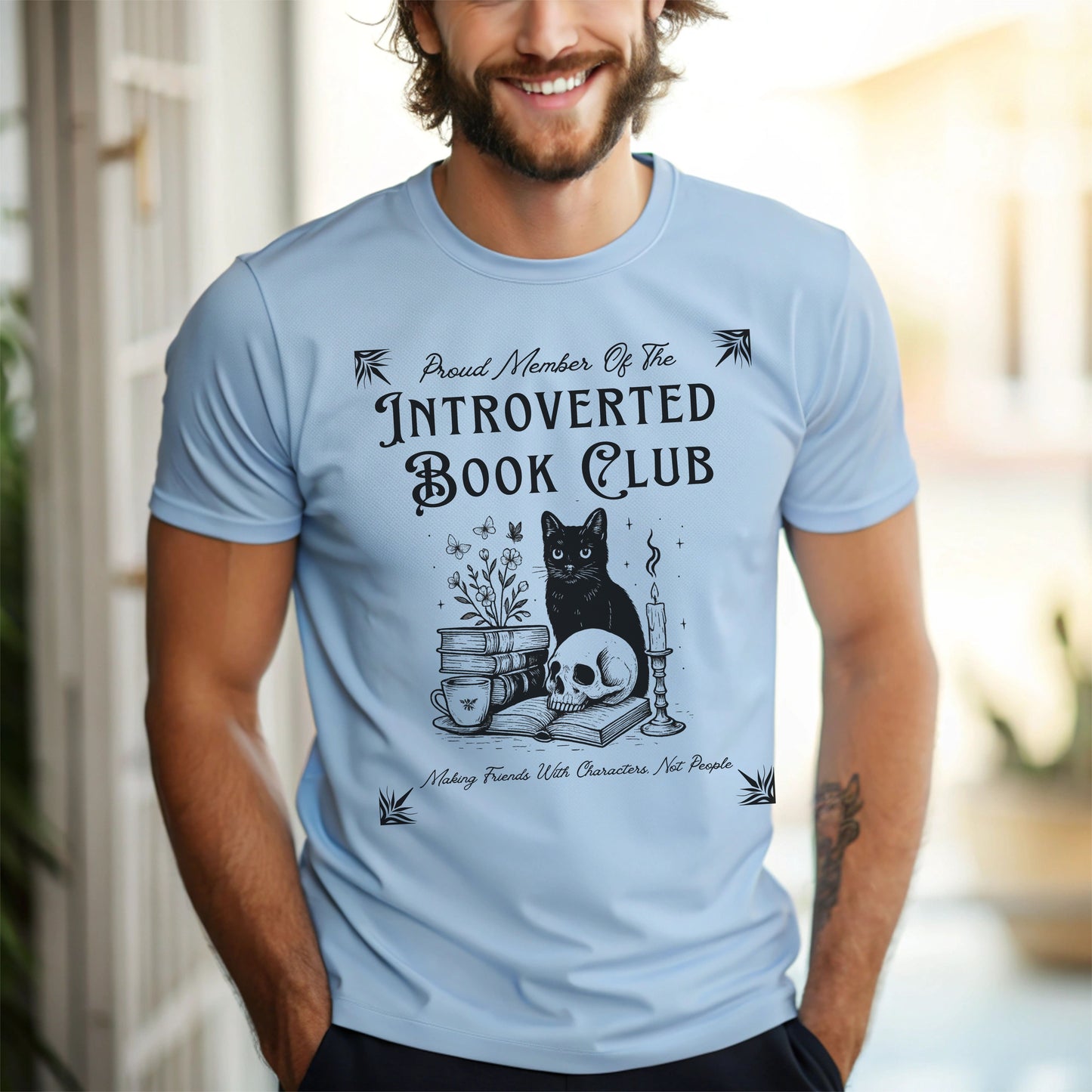 Introverted Book Club T-Shirt – Black Cat Reading Shirt, Funny Bookish Gift for Introverts & Cat Lovers
