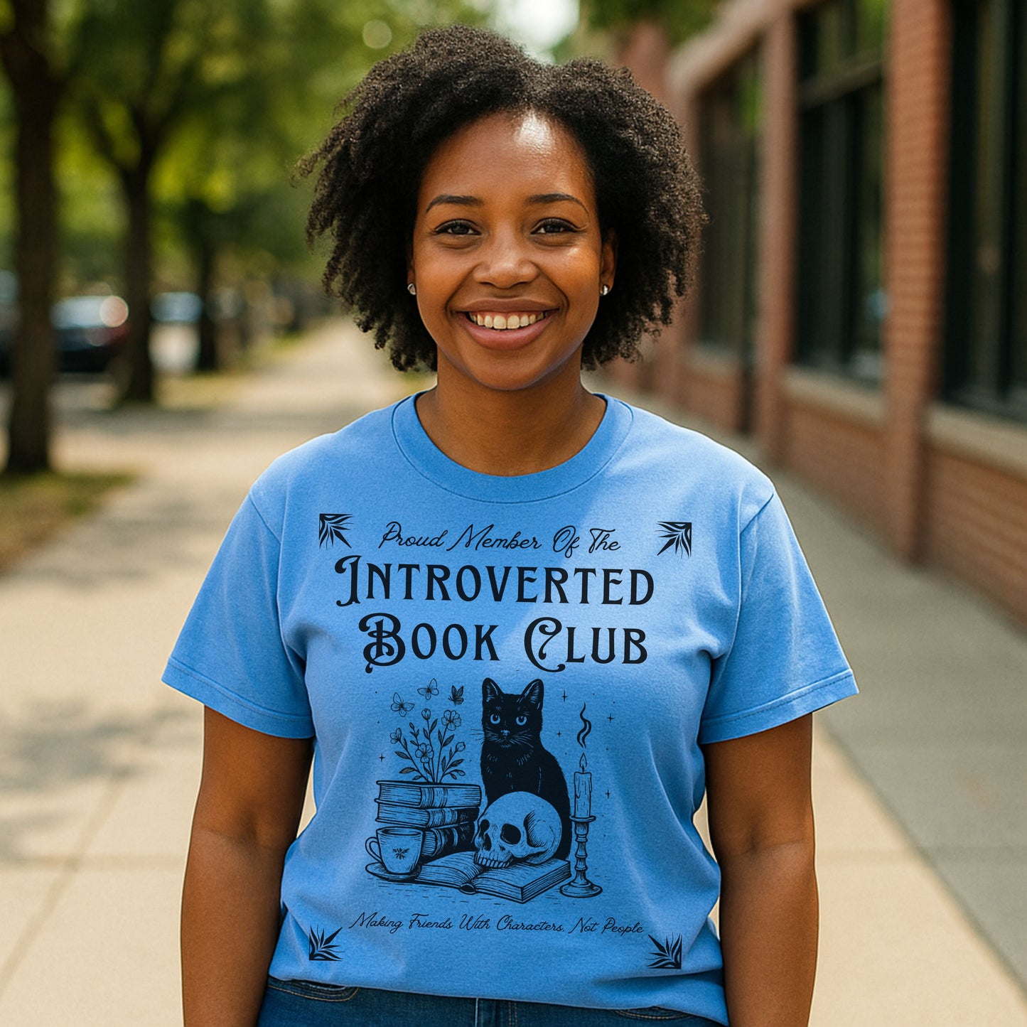 Introverted Book Club T-Shirt – Black Cat Reading Shirt, Funny Bookish Gift for Introverts & Cat Lovers