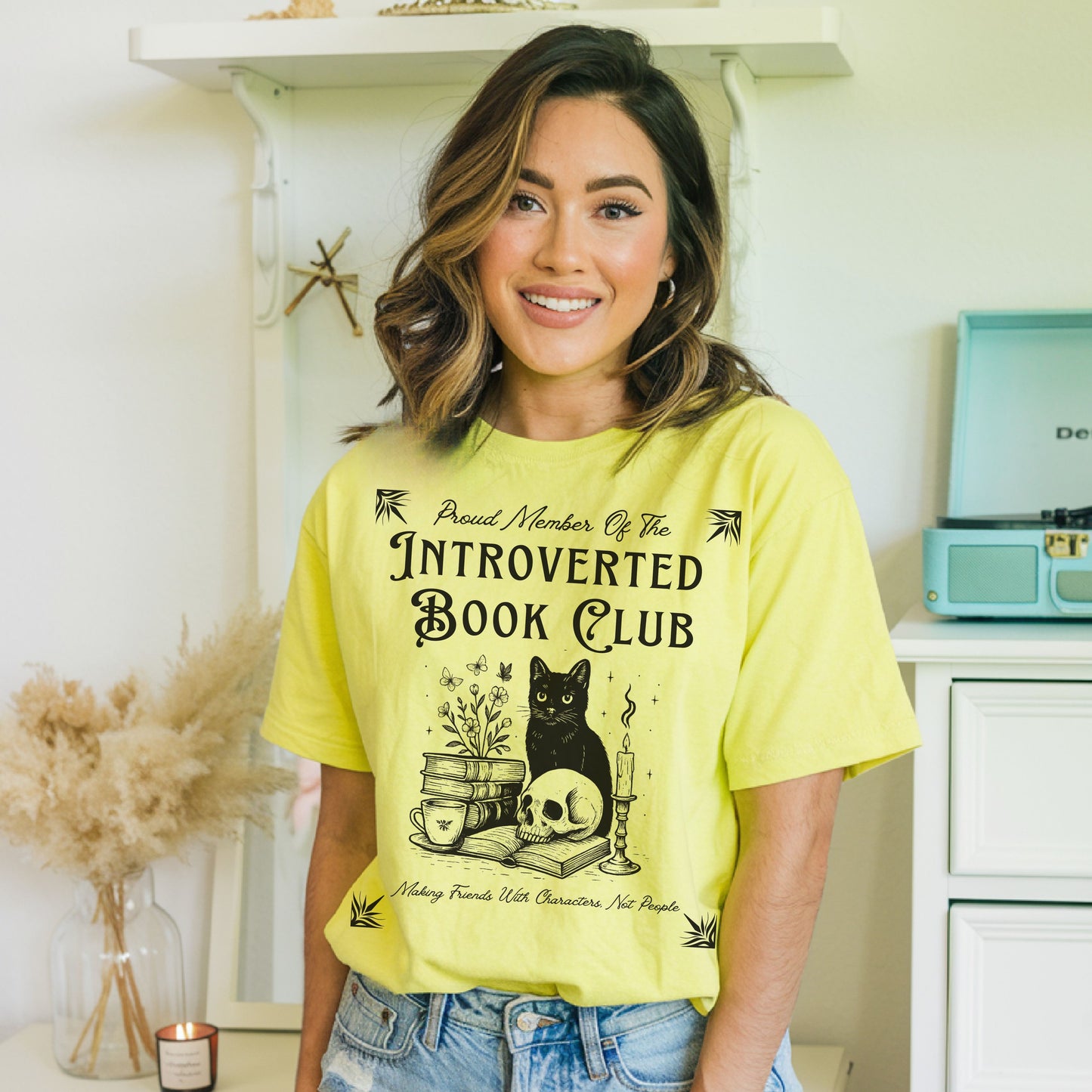 Introverted Book Club T-Shirt – Black Cat Reading Shirt, Funny Bookish Gift for Introverts & Cat Lovers