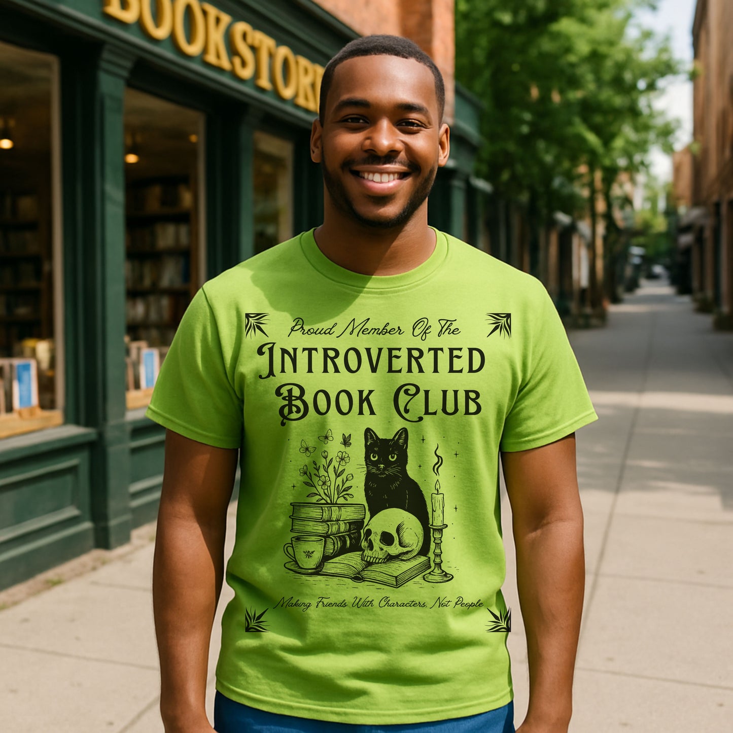 Introverted Book Club T-Shirt – Black Cat Reading Shirt, Funny Bookish Gift for Introverts & Cat Lovers