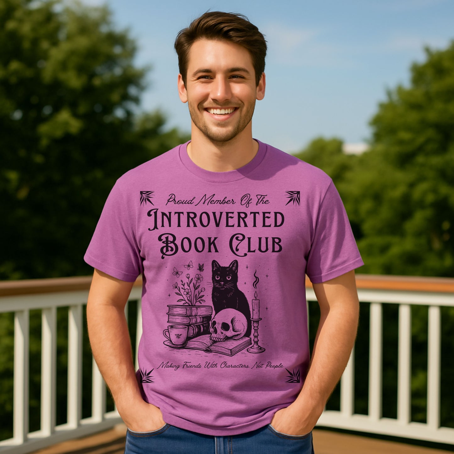 Introverted Book Club T-Shirt – Black Cat Reading Shirt, Funny Bookish Gift for Introverts & Cat Lovers