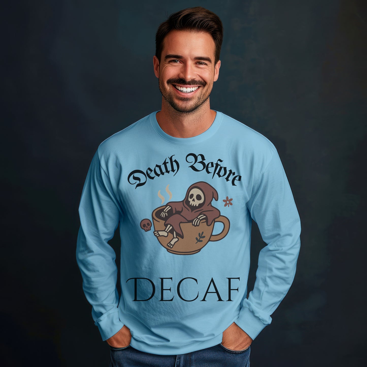 Death Before Decaf Long Sleeve T-Shirt – Funny Grim Reaper Coffee Tee for Caffeine Lovers