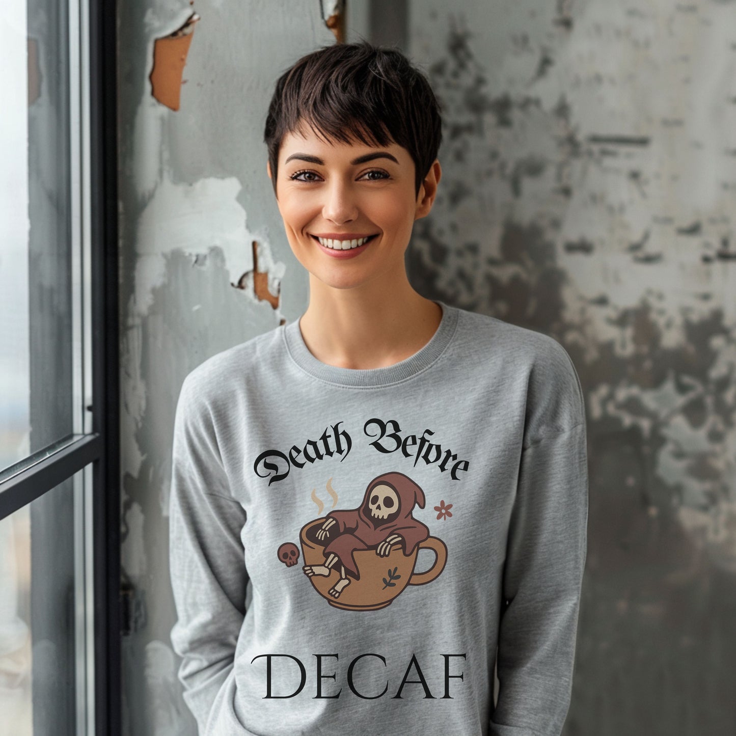 Death Before Decaf Long Sleeve T-Shirt – Funny Grim Reaper Coffee Tee for Caffeine Lovers