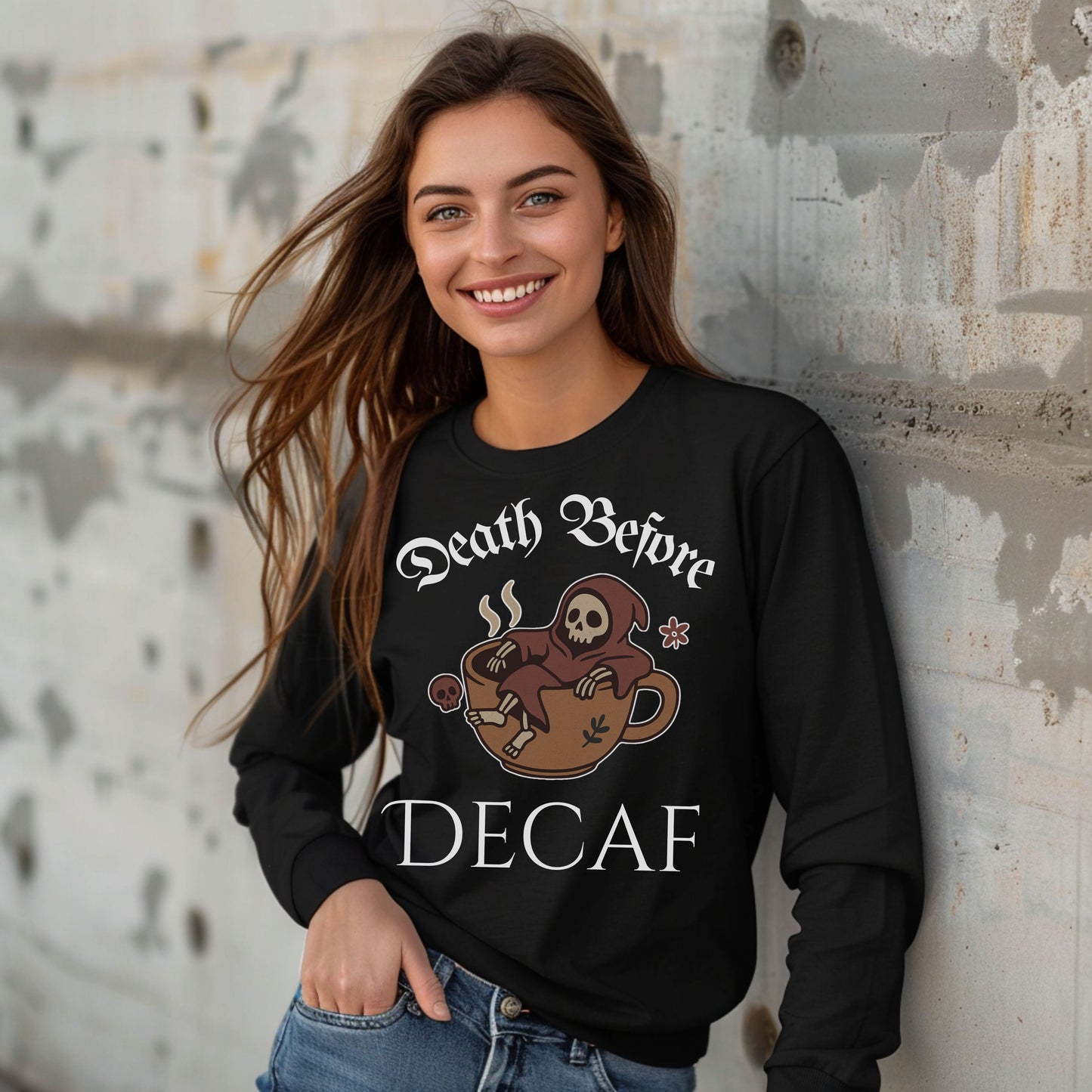 Death Before Decaf Long Sleeve T-Shirt – Funny Grim Reaper Coffee Tee for Caffeine Lovers