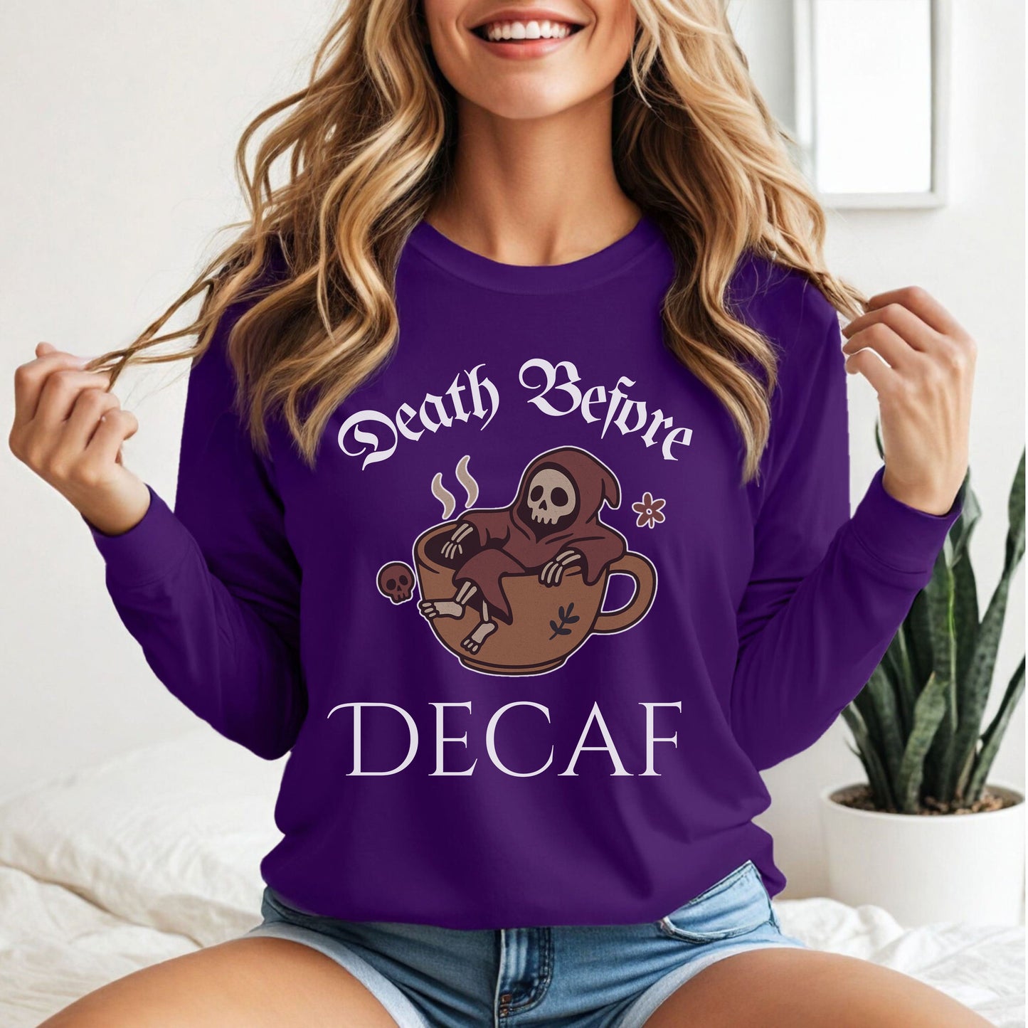 Death Before Decaf Long Sleeve T-Shirt – Funny Grim Reaper Coffee Tee for Caffeine Lovers