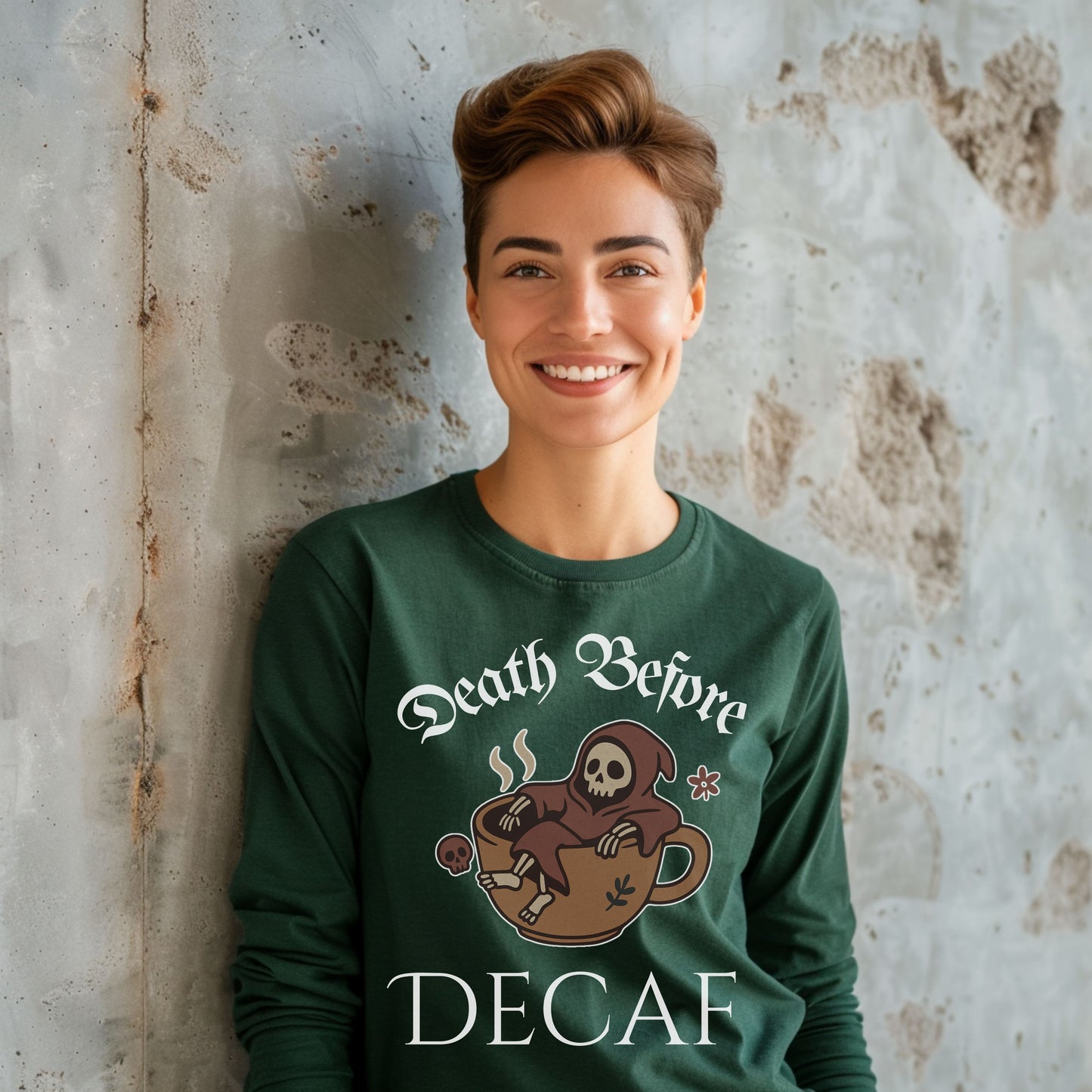 Death Before Decaf Long Sleeve T-Shirt – Funny Grim Reaper Coffee Tee for Caffeine Lovers