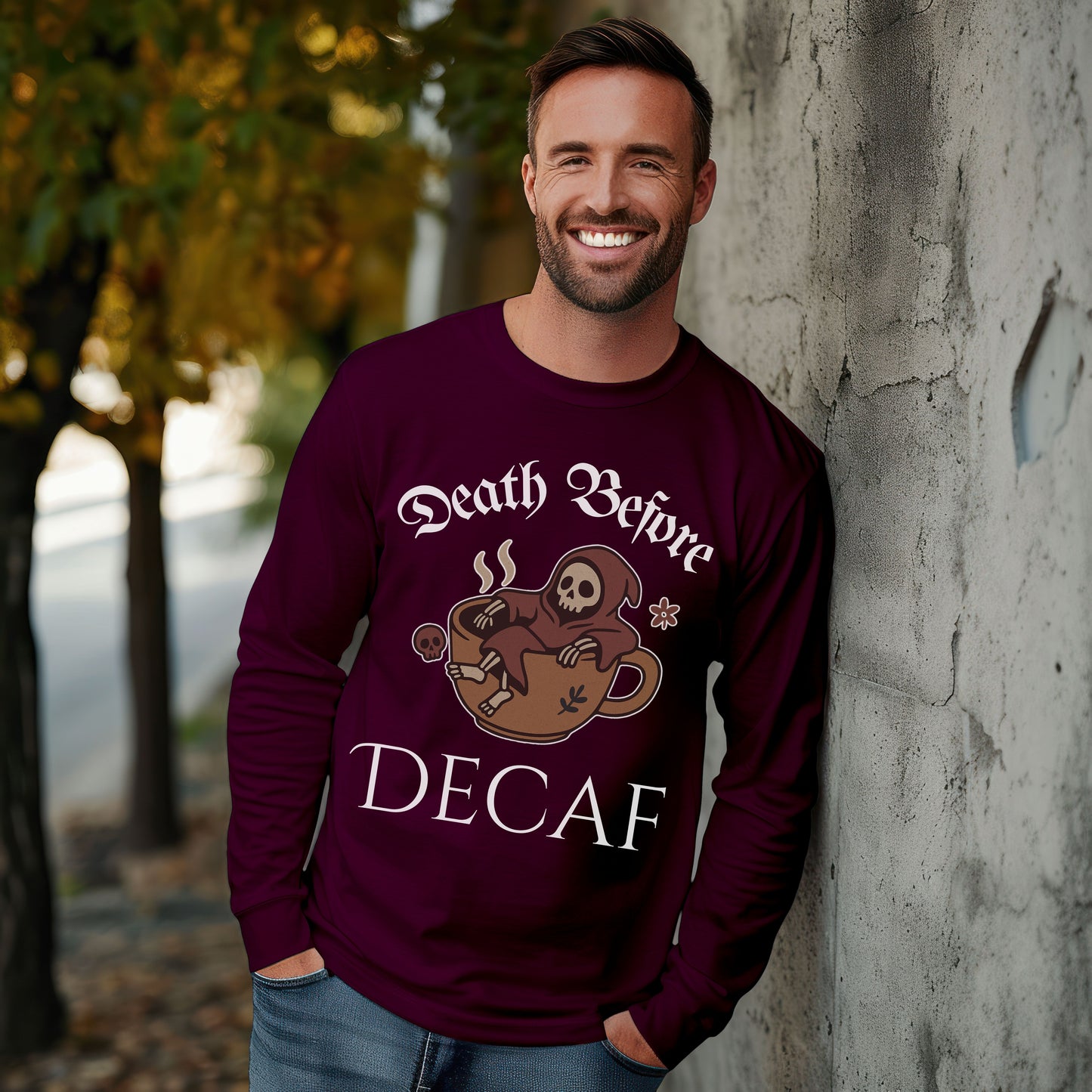 Death Before Decaf Long Sleeve T-Shirt – Funny Grim Reaper Coffee Tee for Caffeine Lovers