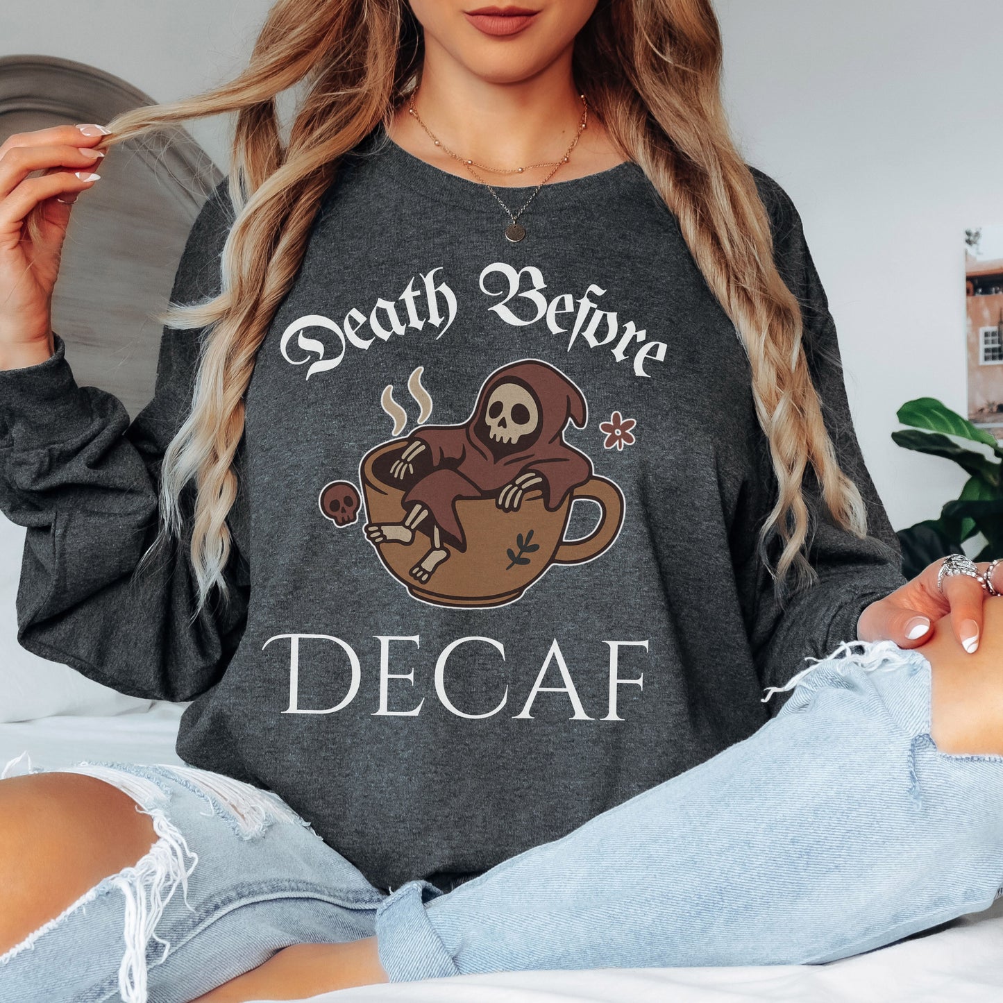 Death Before Decaf Long Sleeve T-Shirt – Funny Grim Reaper Coffee Tee for Caffeine Lovers