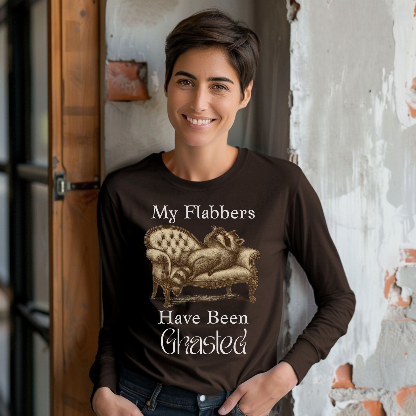 My Flabbers Have Been Ghasted Raccoon Long Sleeve T-Shirt – Funny Vintage-Style Animal Tee, Sarcastic Retro Shirt for Introverts & Humor Lovers