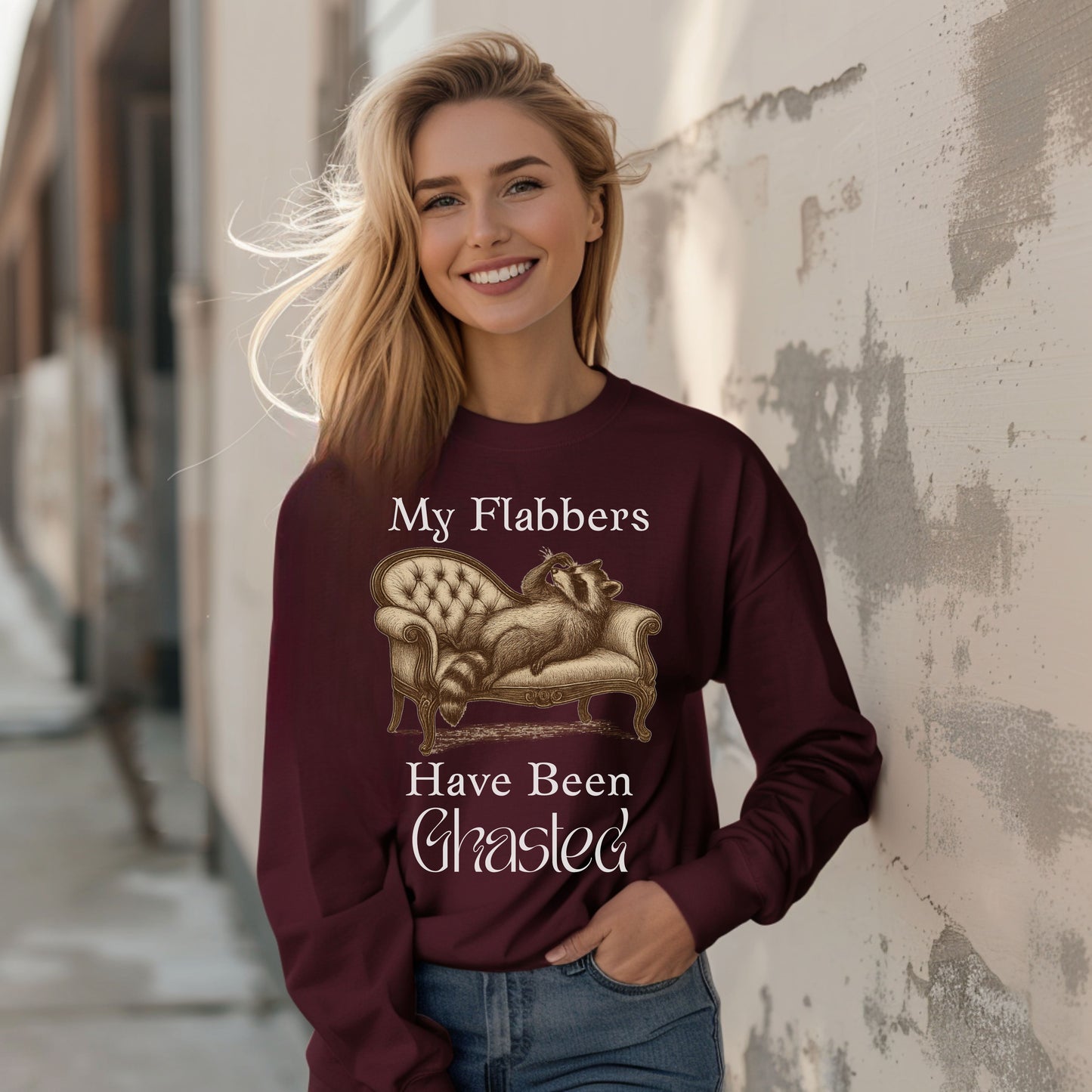 My Flabbers Have Been Ghasted Raccoon Long Sleeve T-Shirt – Funny Vintage-Style Animal Tee, Sarcastic Retro Shirt for Introverts & Humor Lovers