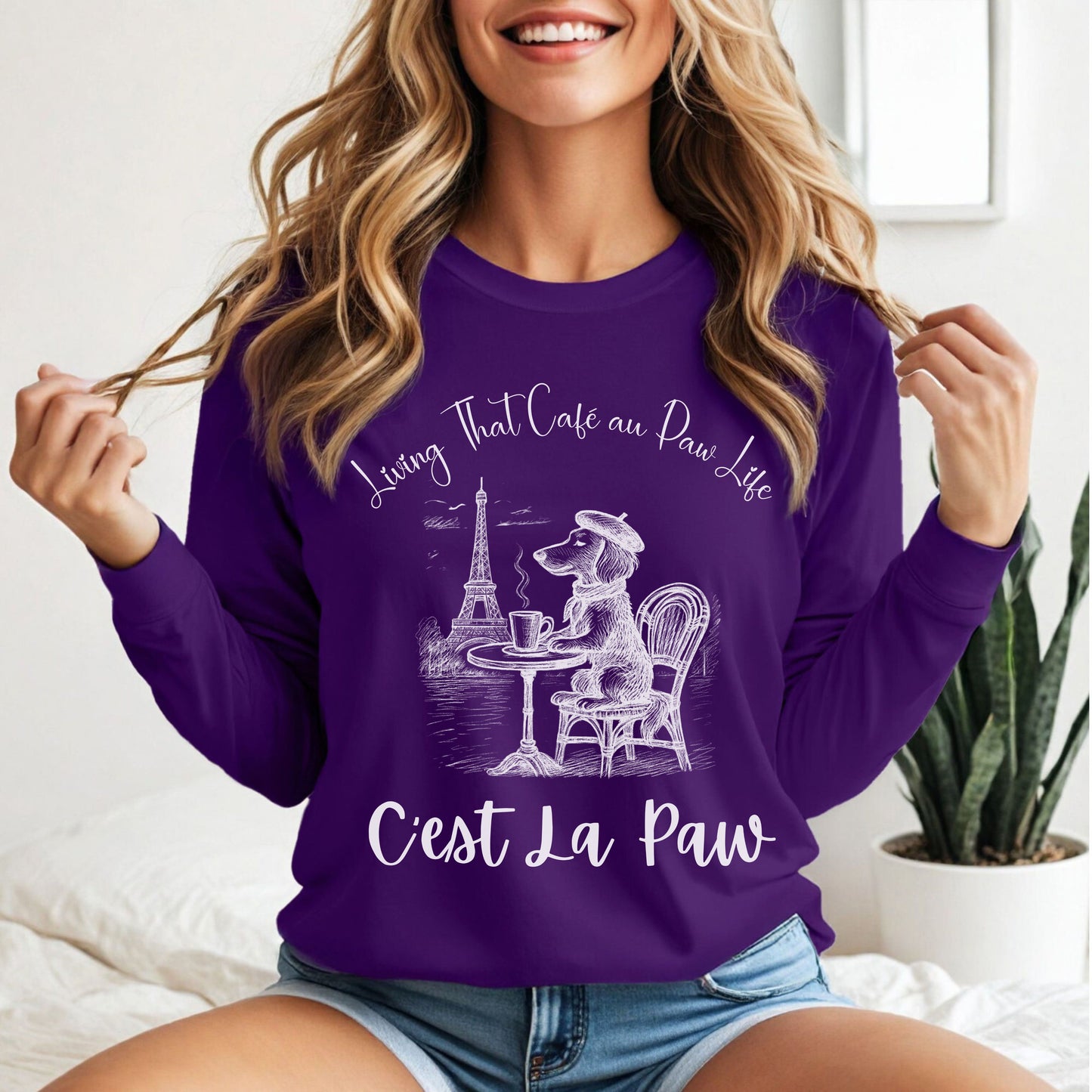 C'est La Paw – Paris Dog Long Sleeve T-Shirt, Cute French Café Pup Tee & Gift for Animal Lovers