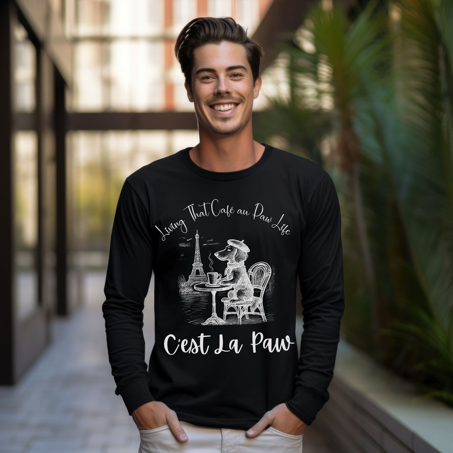 C'est La Paw – Paris Dog Long Sleeve T-Shirt, Cute French Café Pup Tee & Gift for Animal Lovers