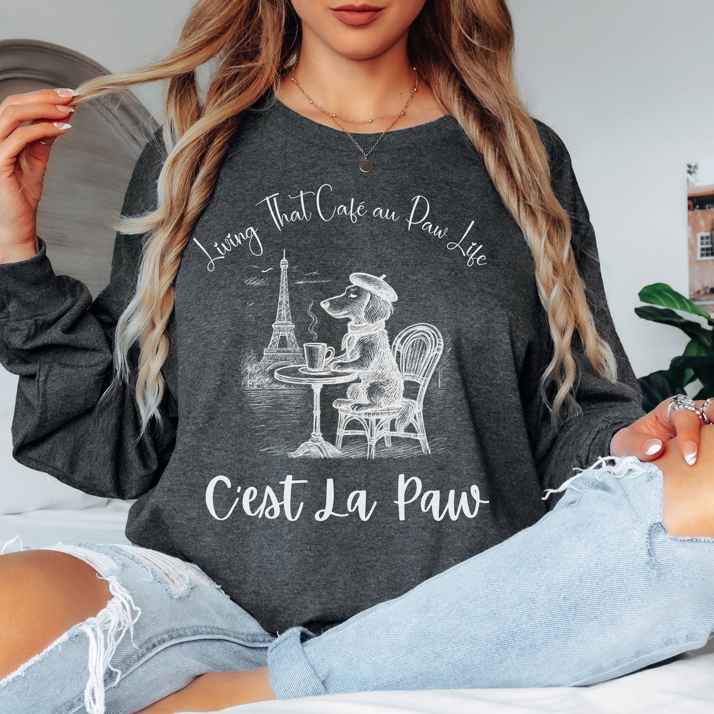 C'est La Paw – Paris Dog Long Sleeve T-Shirt, Cute French Café Pup Tee & Gift for Animal Lovers