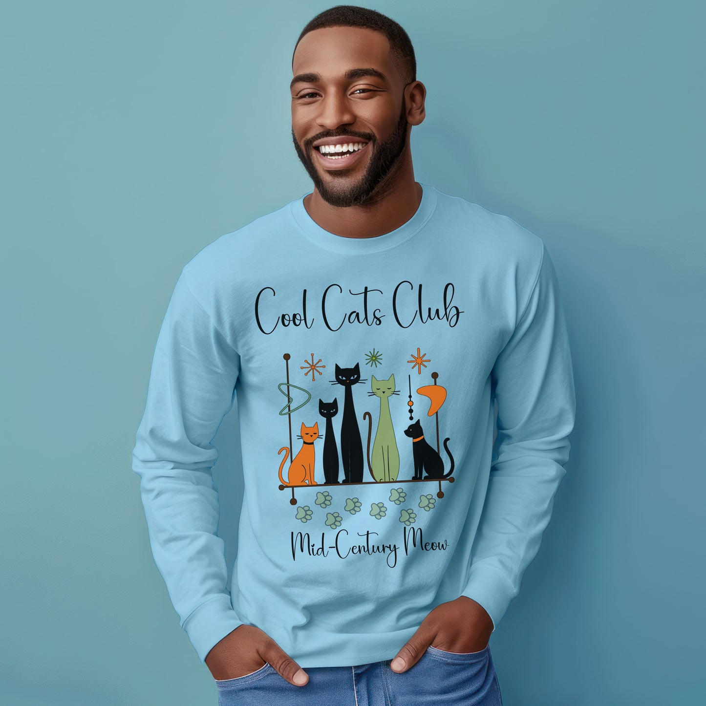 Cool Cats Club Long Sleeve T-Shirt – Mid-Century Modern Cat Lover Tee, Retro Atomic Style Shirt for Vintage Aesthetic Fans
