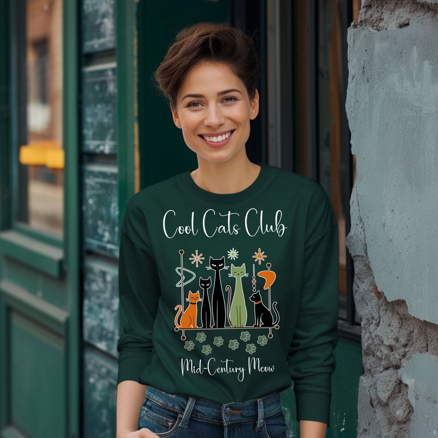 Cool Cats Club Long Sleeve T-Shirt – Mid-Century Modern Cat Lover Tee, Retro Atomic Style Shirt for Vintage Aesthetic Fans
