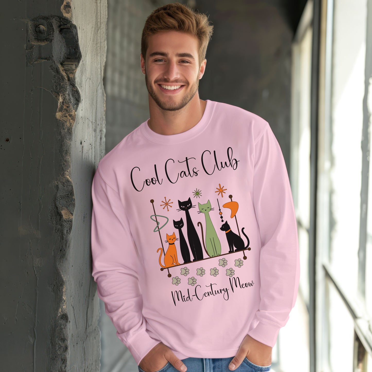 Cool Cats Club Long Sleeve T-Shirt – Mid-Century Modern Cat Lover Tee, Retro Atomic Style Shirt for Vintage Aesthetic Fans