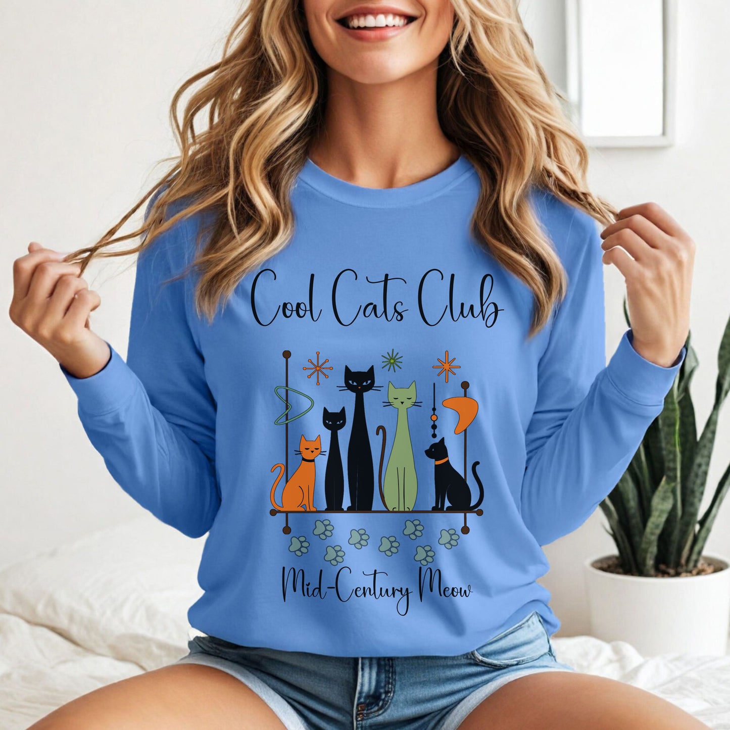 Cool Cats Club Long Sleeve T-Shirt – Mid-Century Modern Cat Lover Tee, Retro Atomic Style Shirt for Vintage Aesthetic Fans