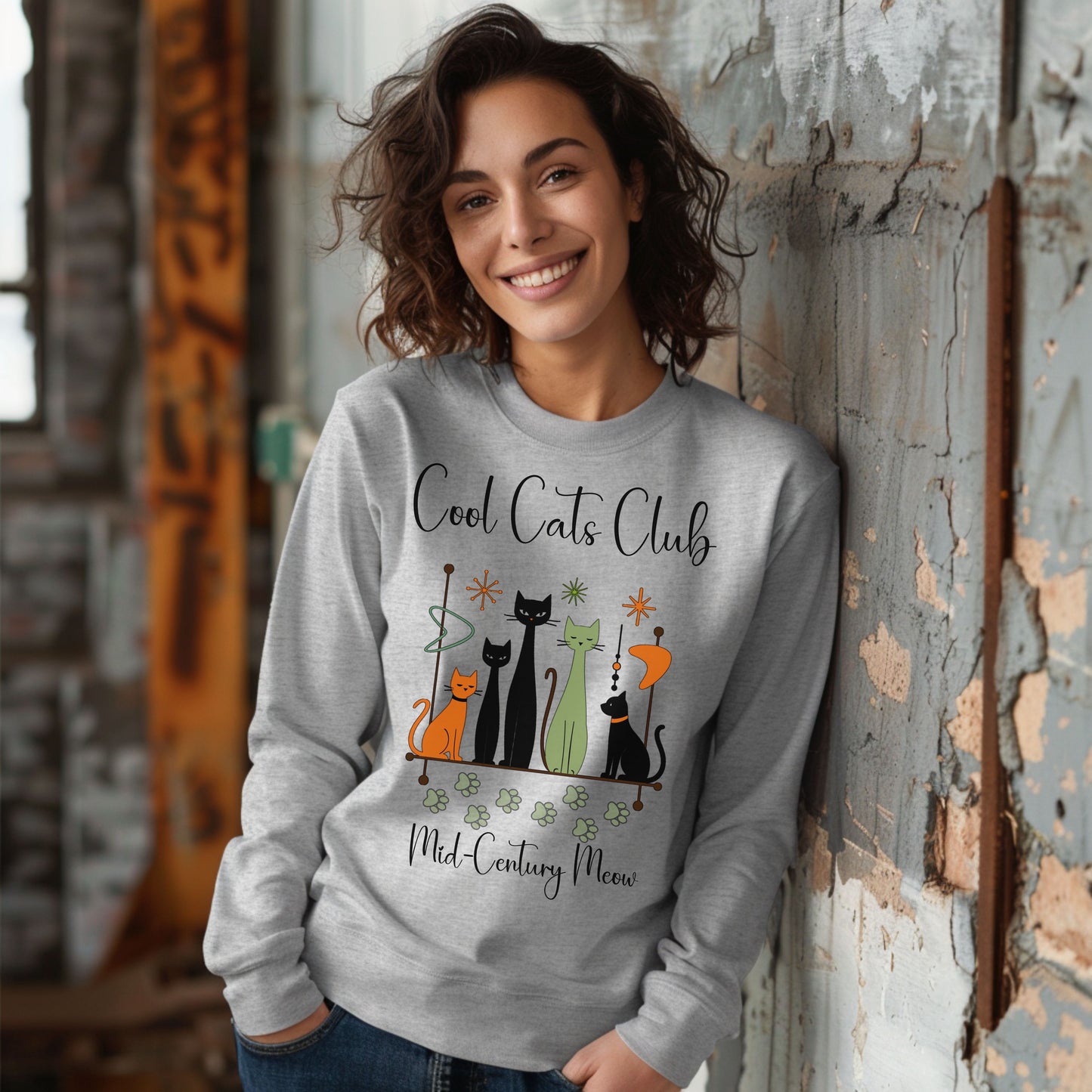 Cool Cats Club Long Sleeve T-Shirt – Mid-Century Modern Cat Lover Tee, Retro Atomic Style Shirt for Vintage Aesthetic Fans