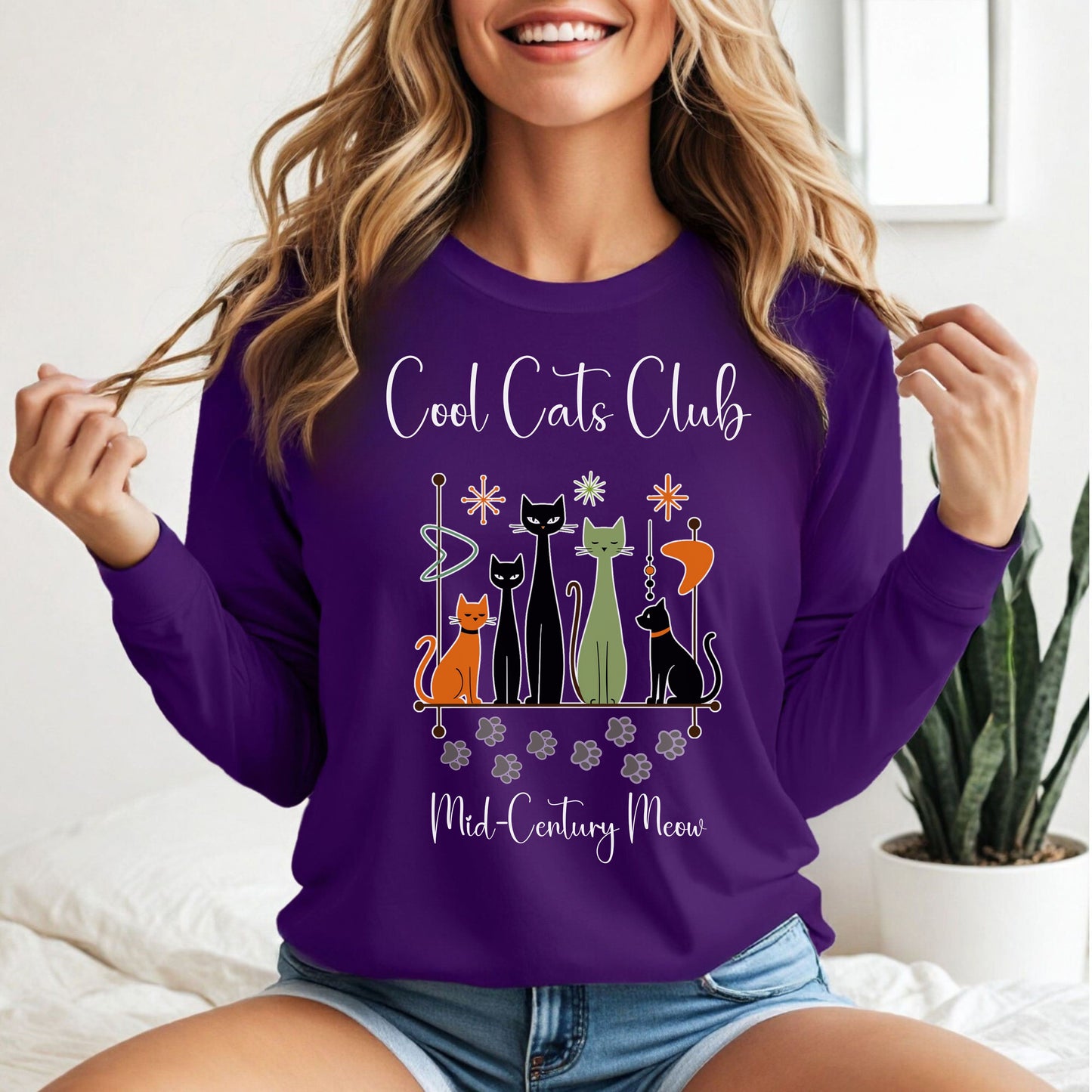 Cool Cats Club Long Sleeve T-Shirt – Mid-Century Modern Cat Lover Tee, Retro Atomic Style Shirt for Vintage Aesthetic Fans