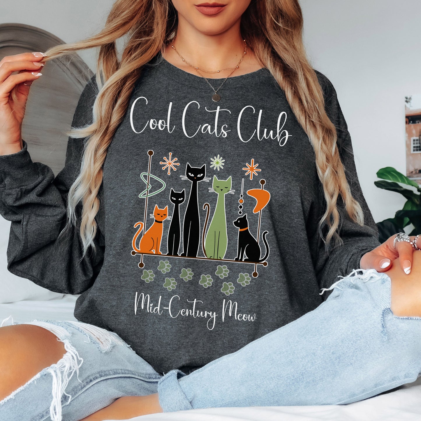 Cool Cats Club Long Sleeve T-Shirt – Mid-Century Modern Cat Lover Tee, Retro Atomic Style Shirt for Vintage Aesthetic Fans