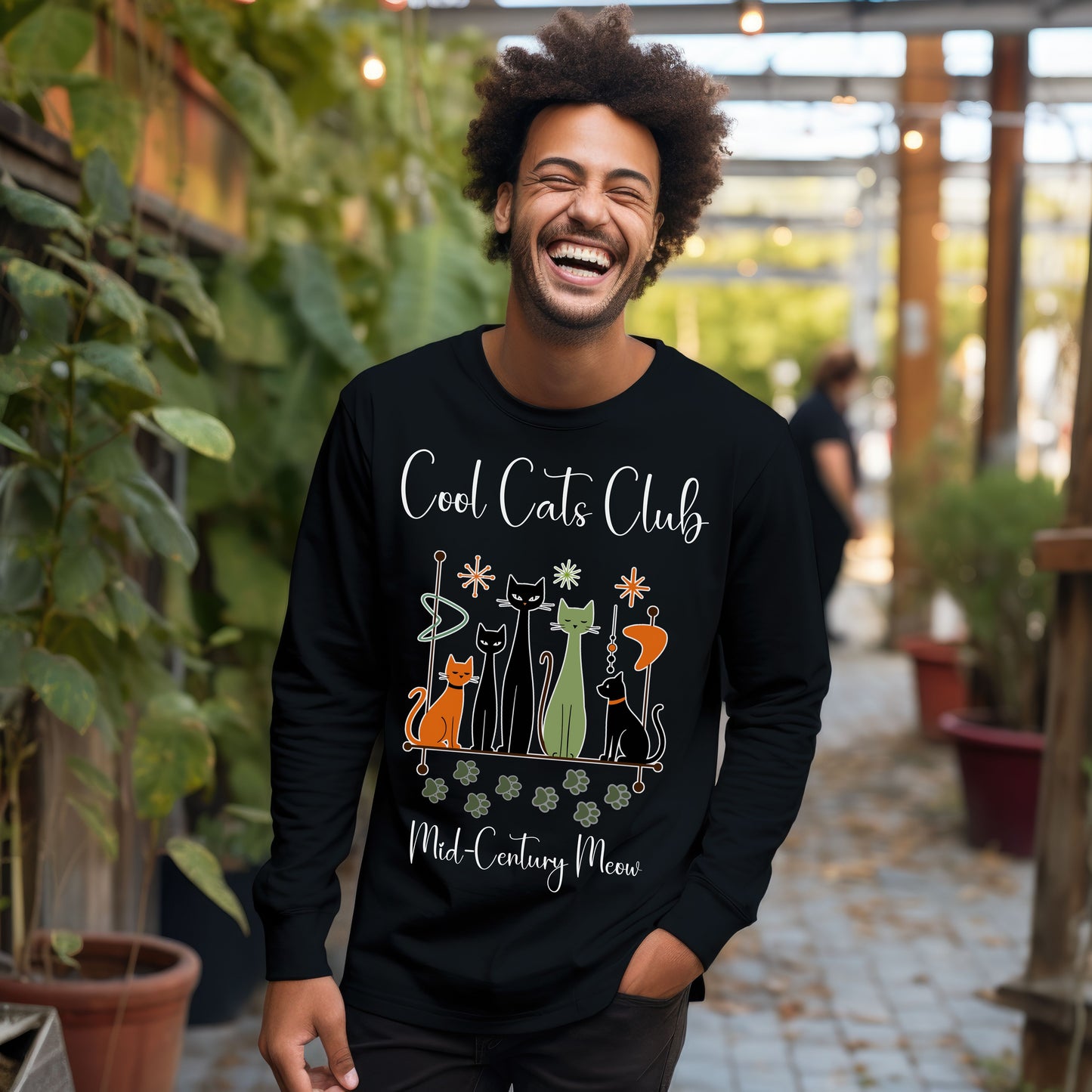 Cool Cats Club Long Sleeve T-Shirt – Mid-Century Modern Cat Lover Tee, Retro Atomic Style Shirt for Vintage Aesthetic Fans