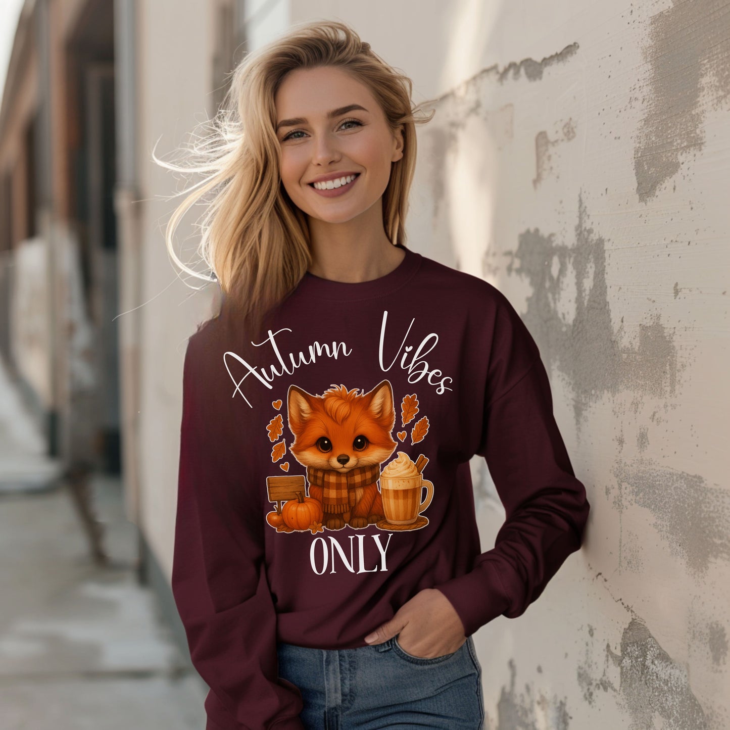 Autumn Vibes Only Long Sleeve T-Shirt – Cute Fox Fall Shirt for Pumpkin Spice & Cozy Season Lovers