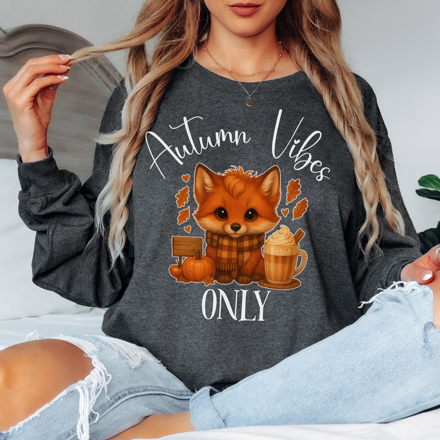 Autumn Vibes Only Long Sleeve T-Shirt – Cute Fox Fall Shirt for Pumpkin Spice & Cozy Season Lovers