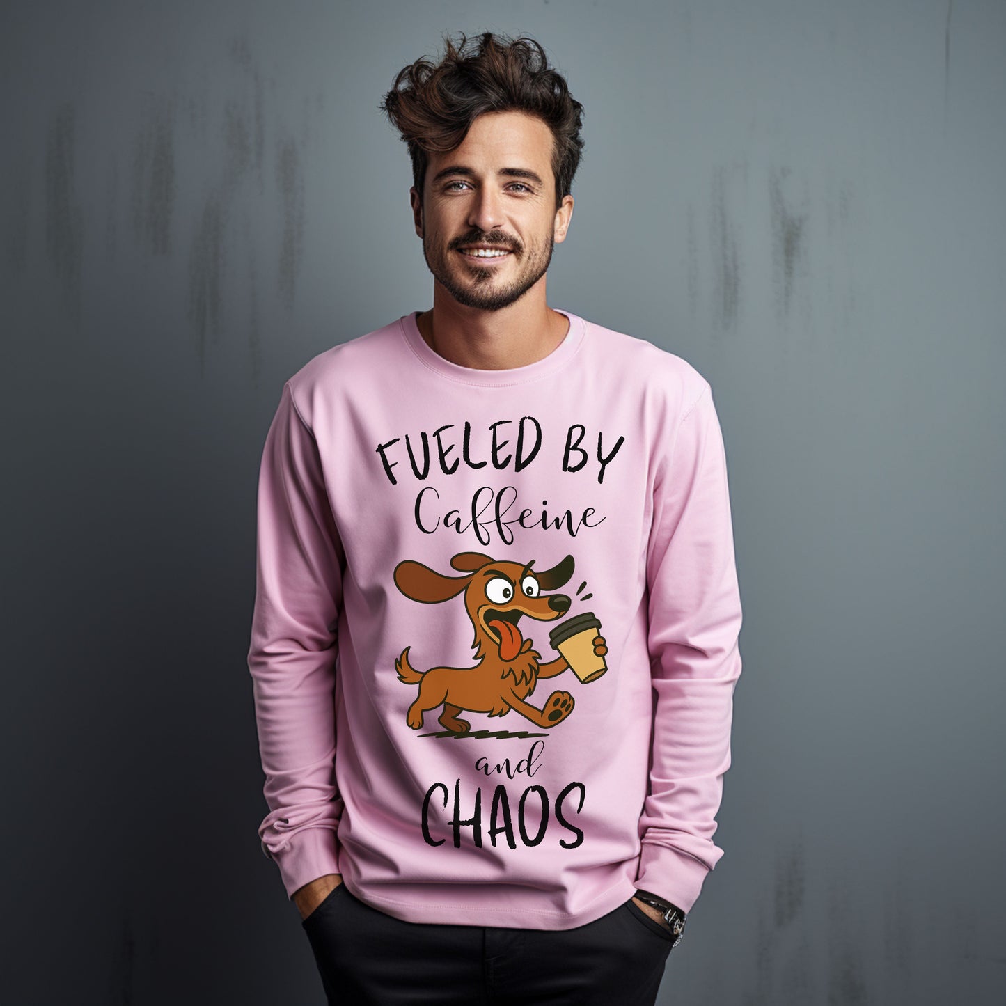 Fueled by Caffeine and Chaos Dachshund Long Sleeve T-Shirt – Funny Coffee Dog Tee for Pet Lovers