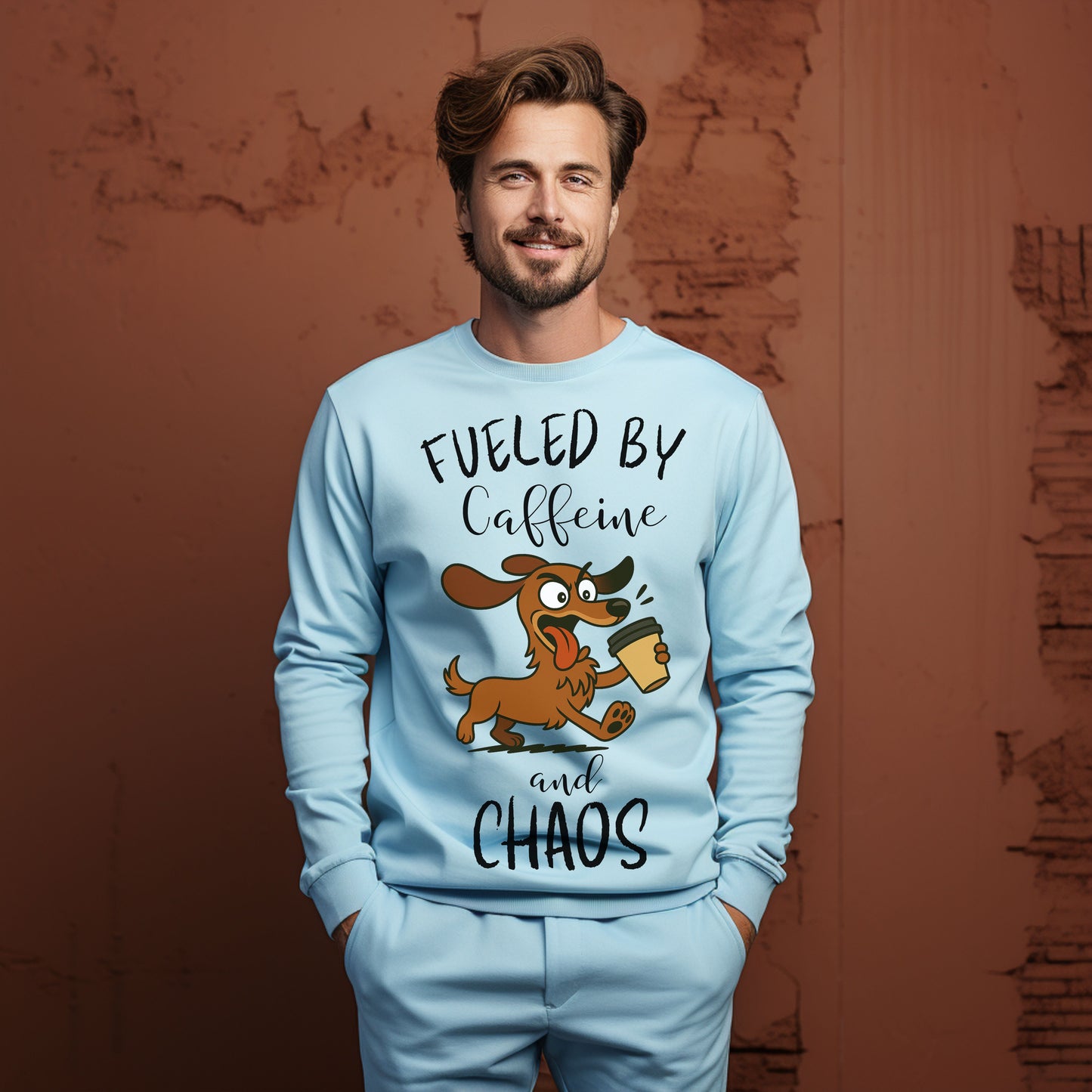 Fueled by Caffeine and Chaos Dachshund Long Sleeve T-Shirt – Funny Coffee Dog Tee for Pet Lovers